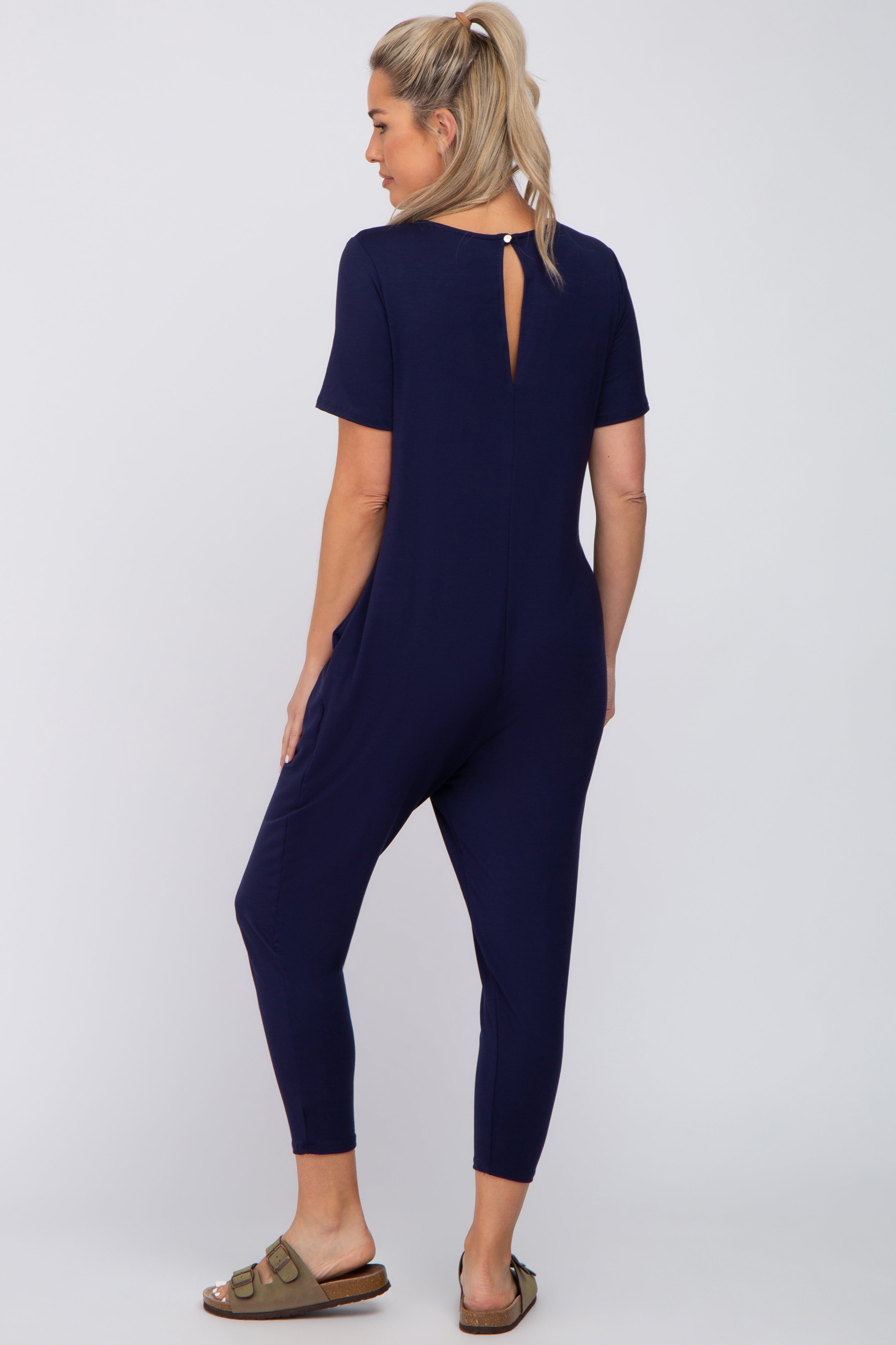 Navy Blue Basic Short Sleeve Maternity Jumpsuit sold by Pinkblush product image thumbnail 3