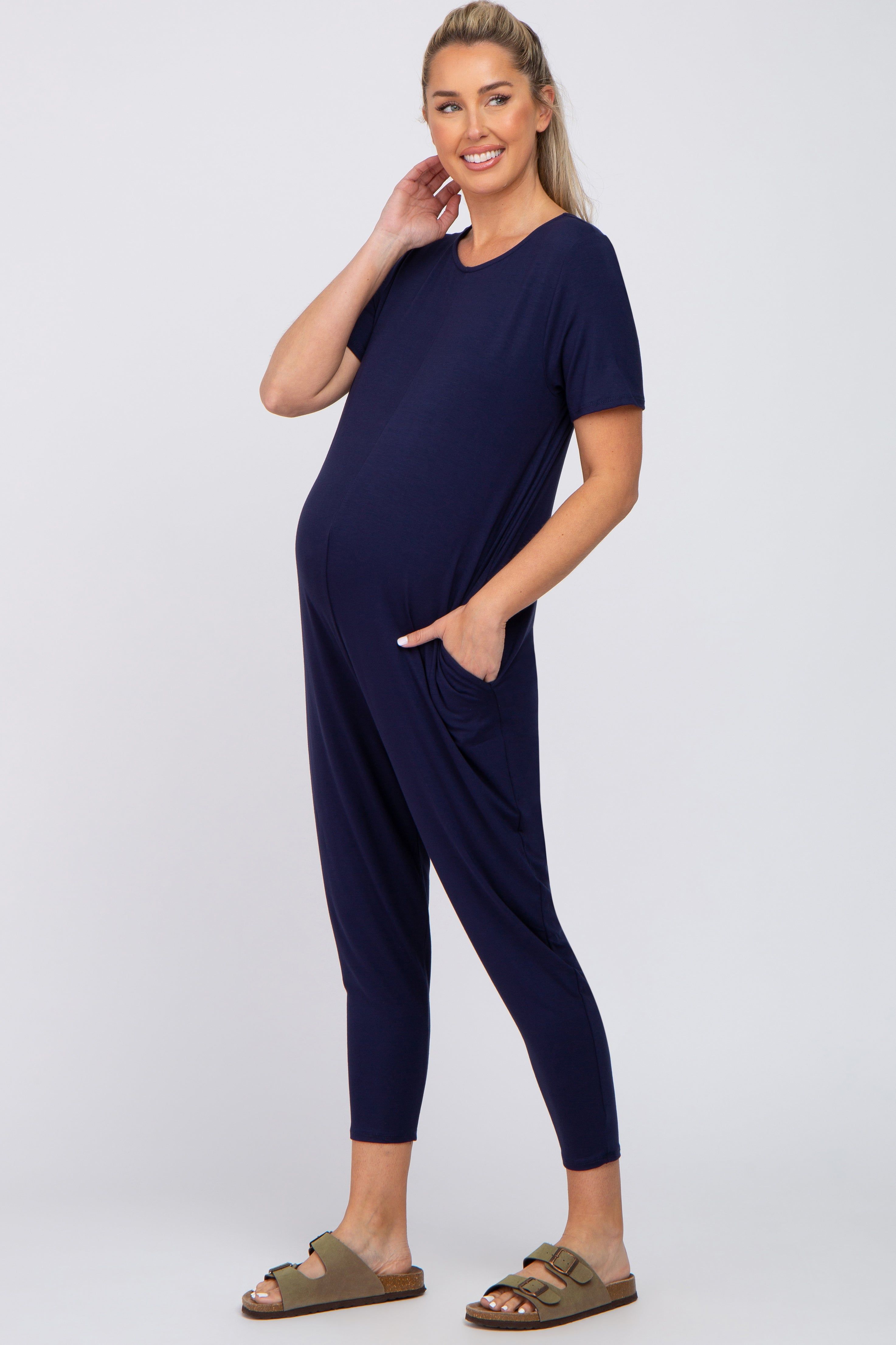 Navy Blue Basic Short Sleeve Maternity Jumpsuit sold by Pinkblush product image thumbnail 2