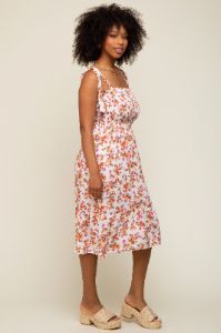 Ivory Floral Shoulder Tie Smocked Midi Dress sold by Pinkblush