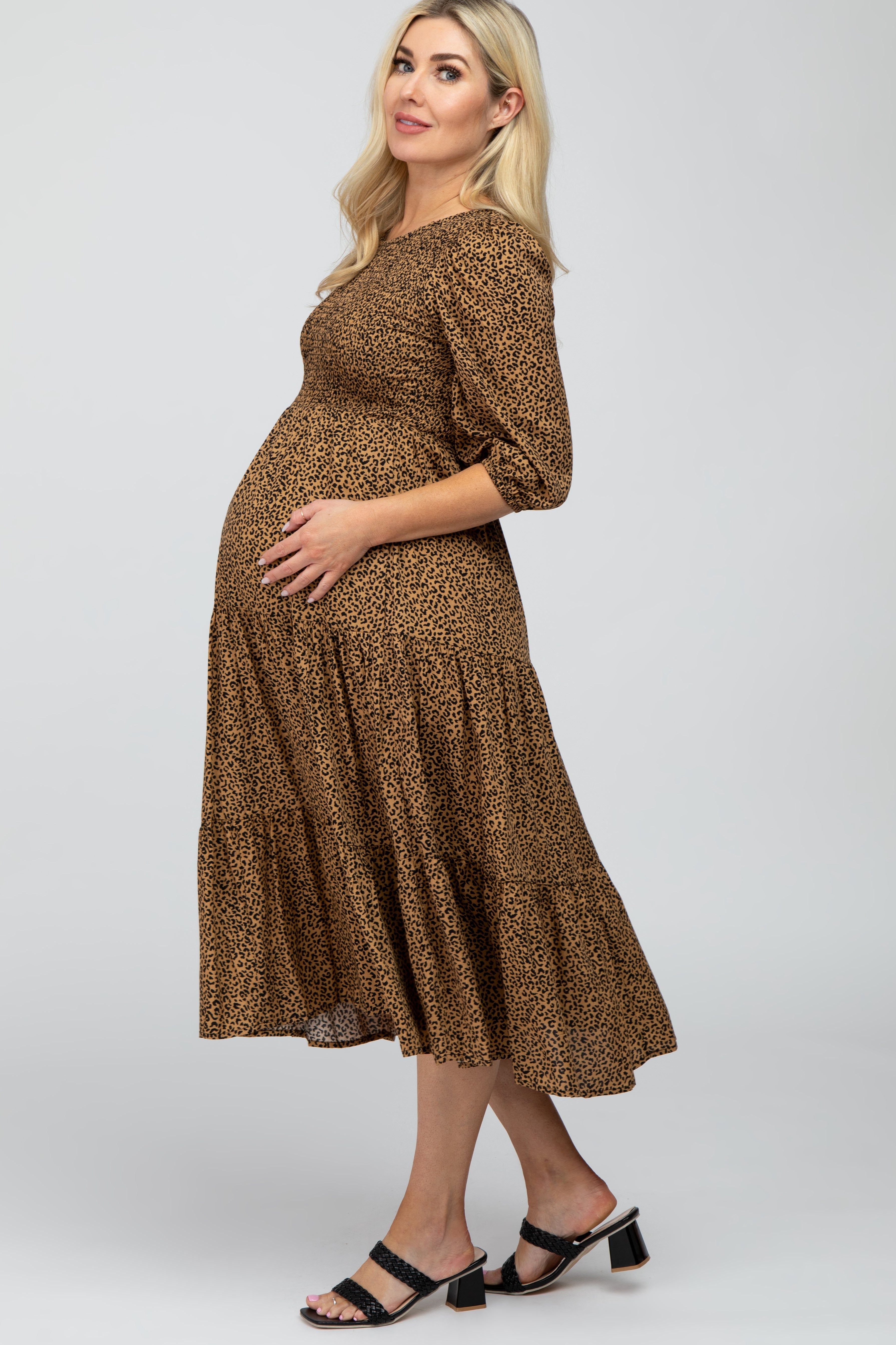 Camel Animal Print Smocked Maternity Midi Dress sold by Pinkblush product image thumbnail 3