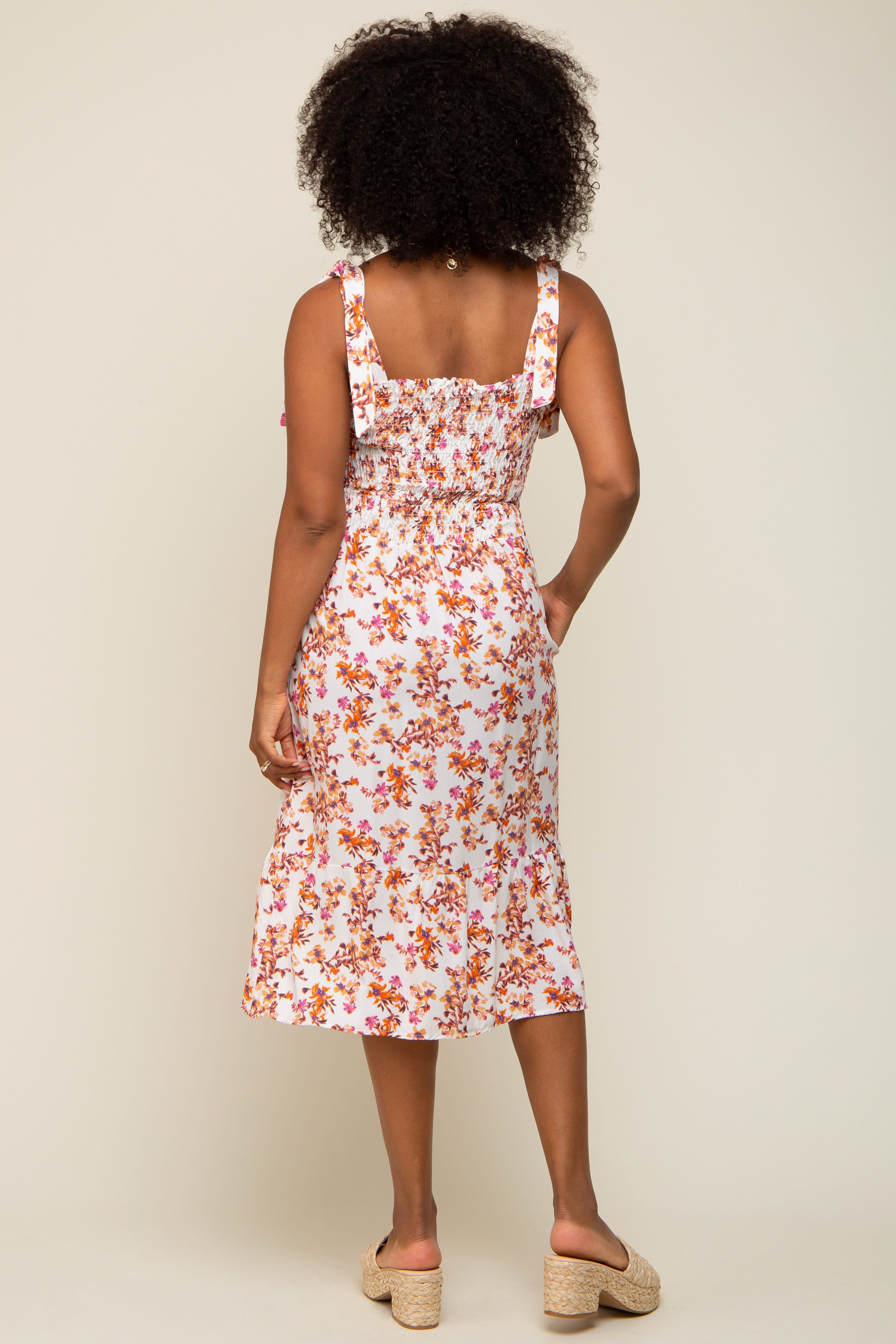 Ivory Floral Shoulder Tie Smocked Midi Dress sold by Pinkblush product image thumbnail 3