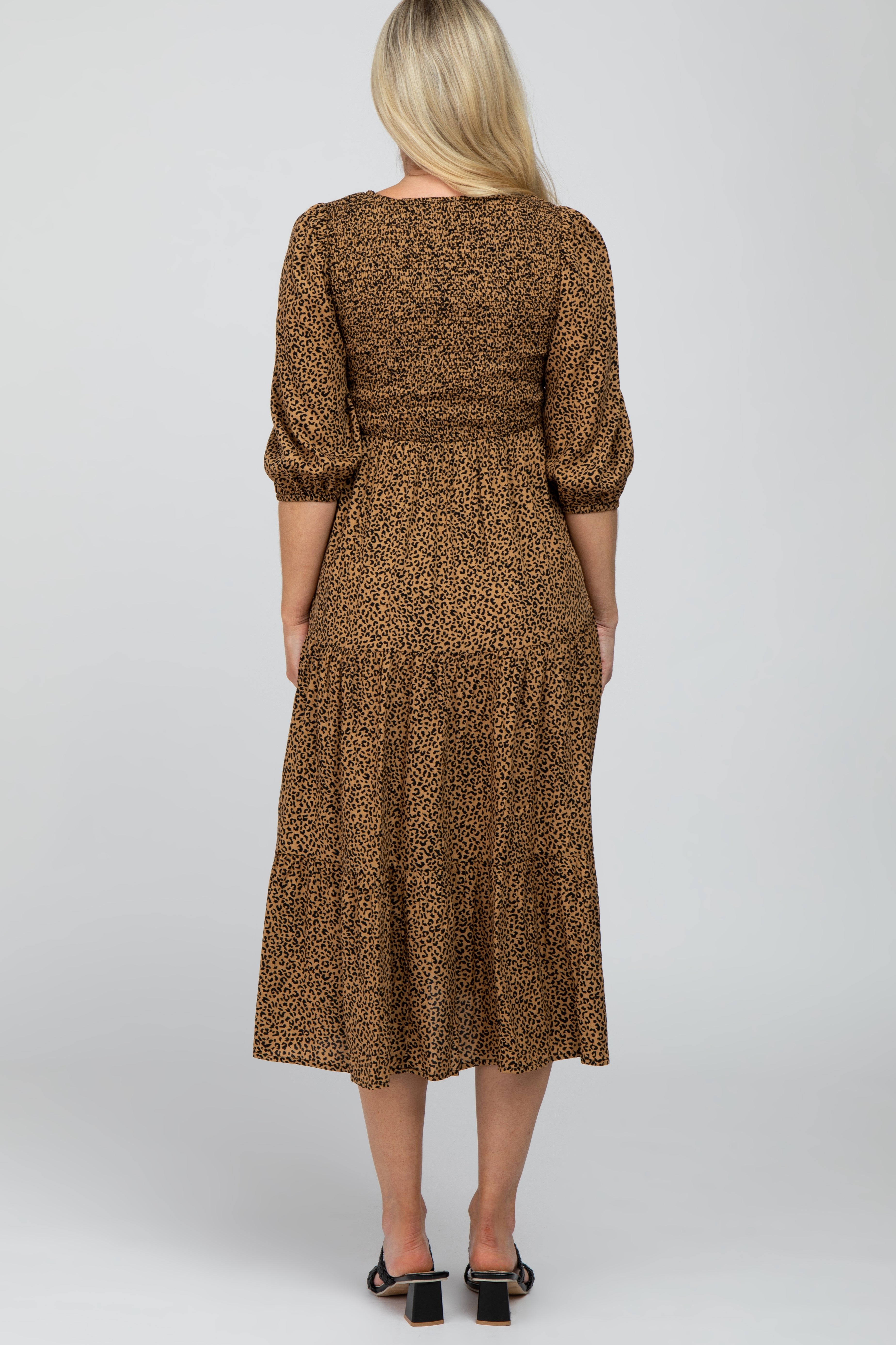 Camel Animal Print Smocked Maternity Midi Dress sold by Pinkblush product image thumbnail 4