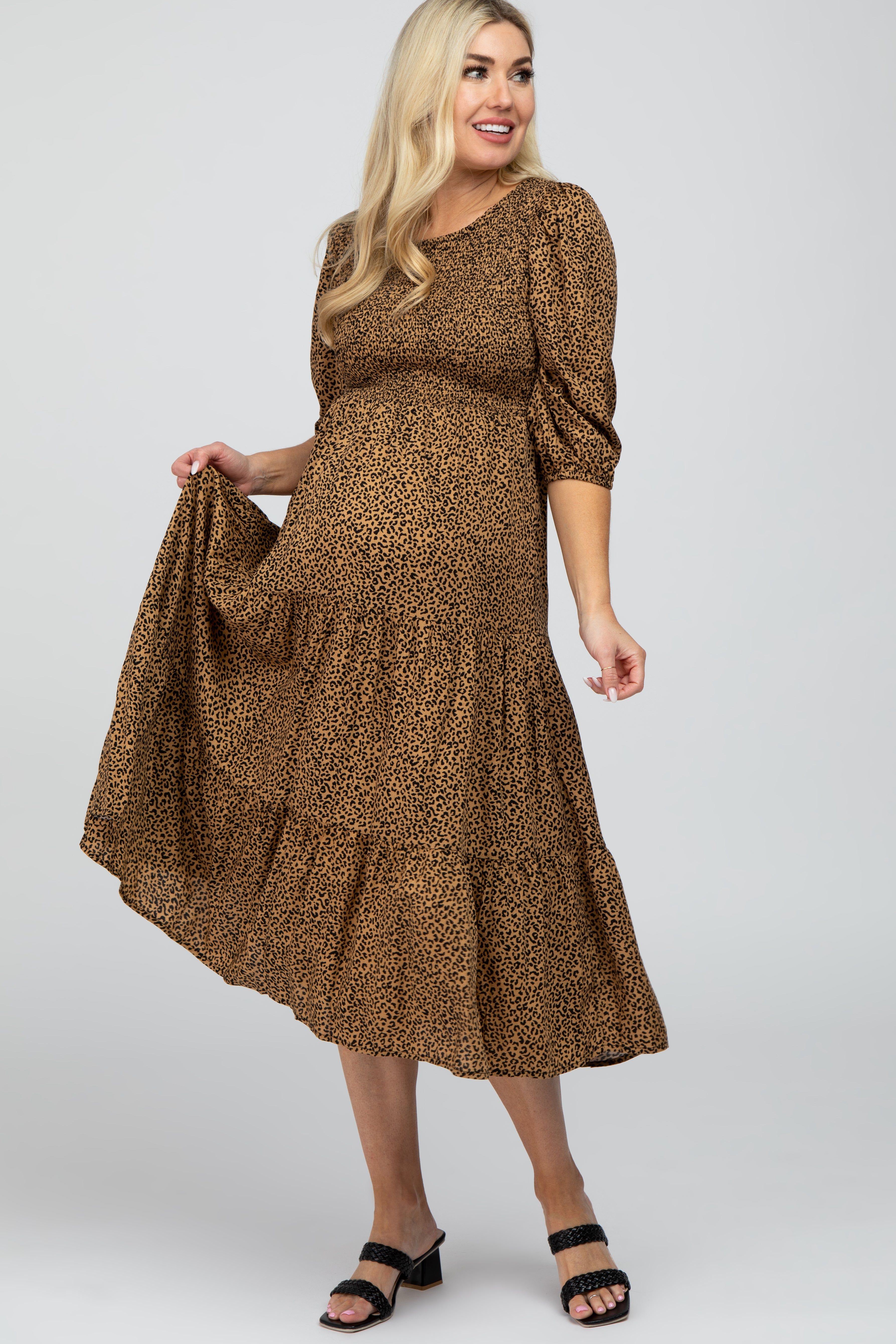 Camel Animal Print Smocked Maternity Midi Dress sold by Pinkblush