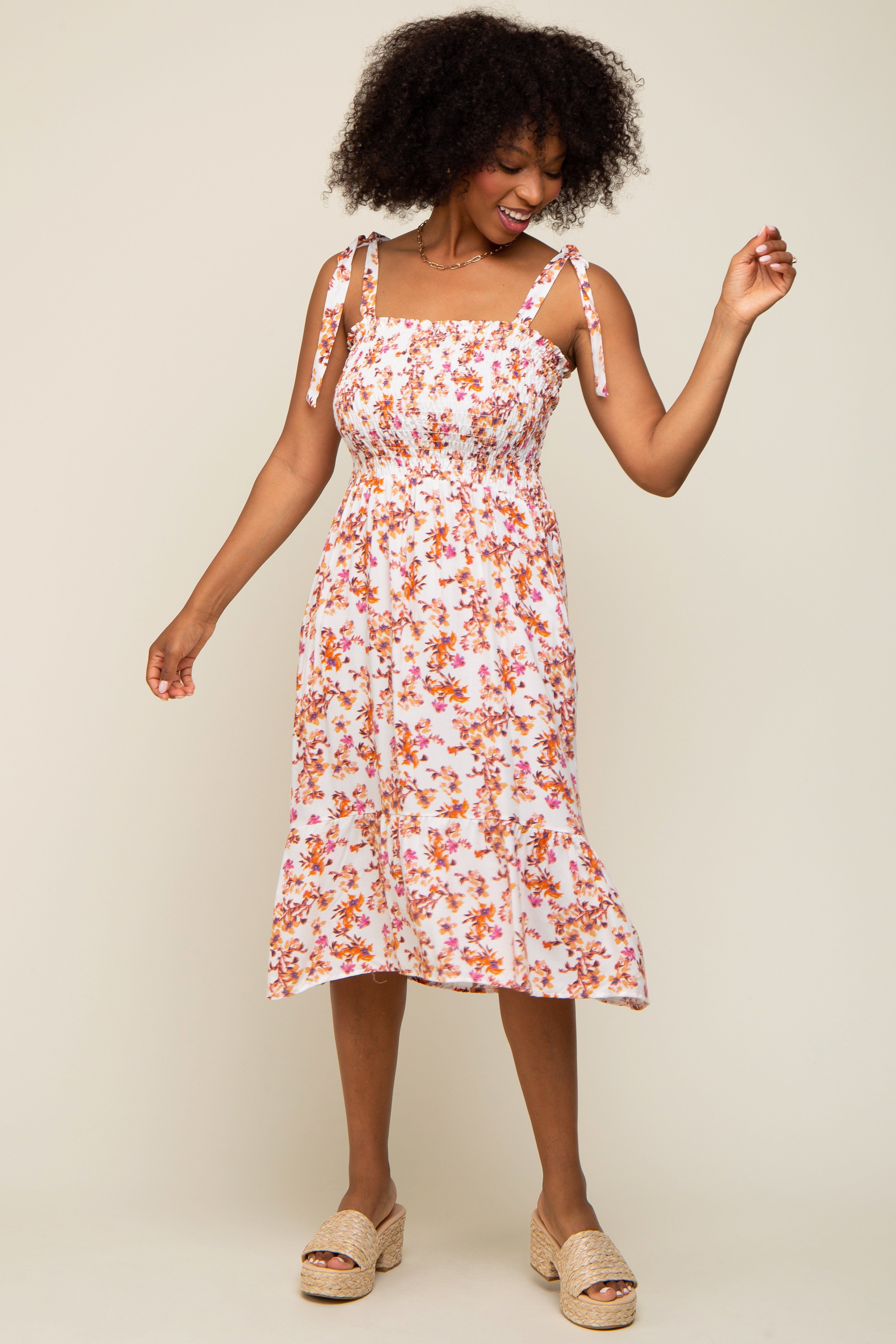 Ivory Floral Shoulder Tie Smocked Midi Dress sold by Pinkblush product image thumbnail 4