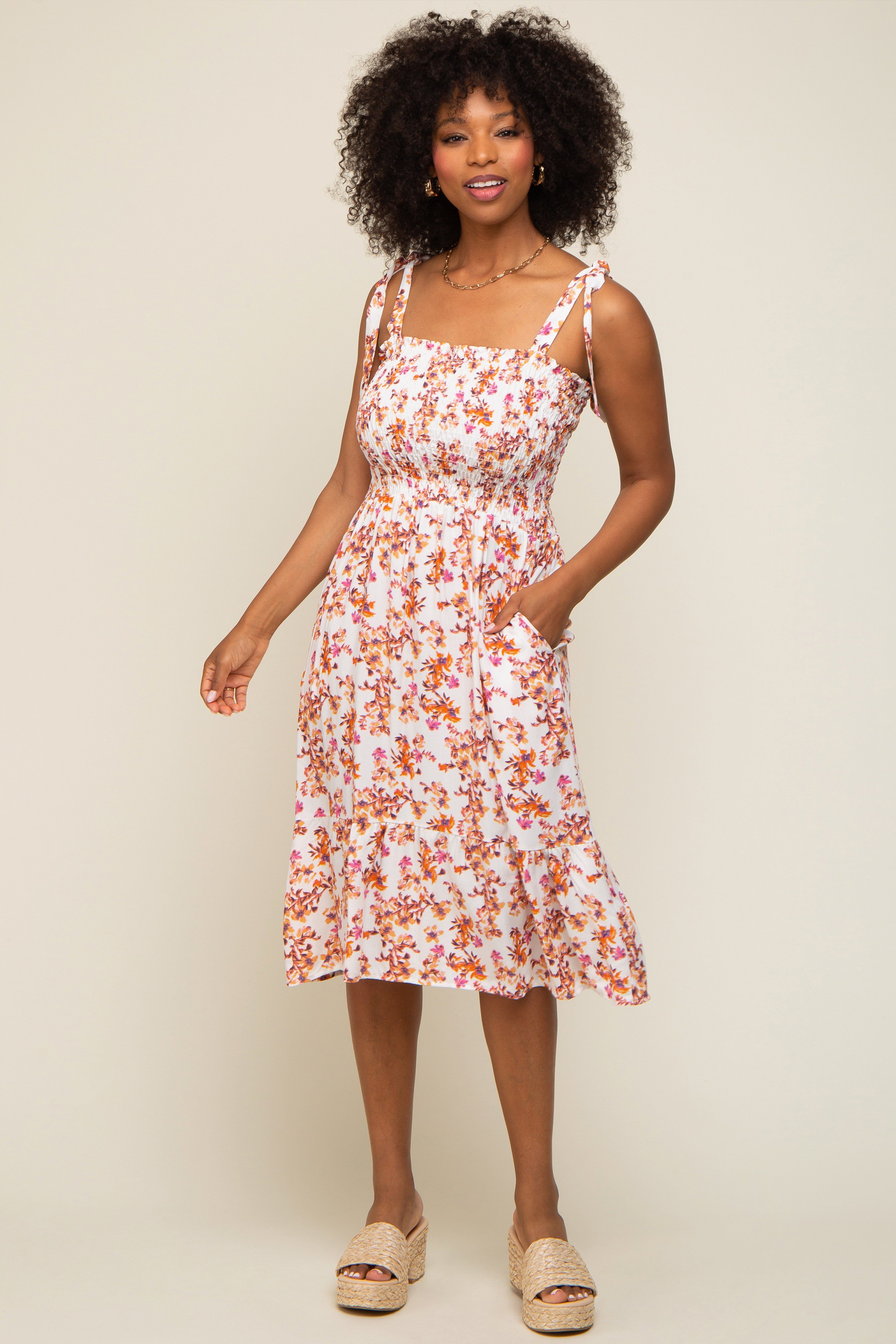 Ivory Floral Shoulder Tie Smocked Midi Dress sold by Pinkblush