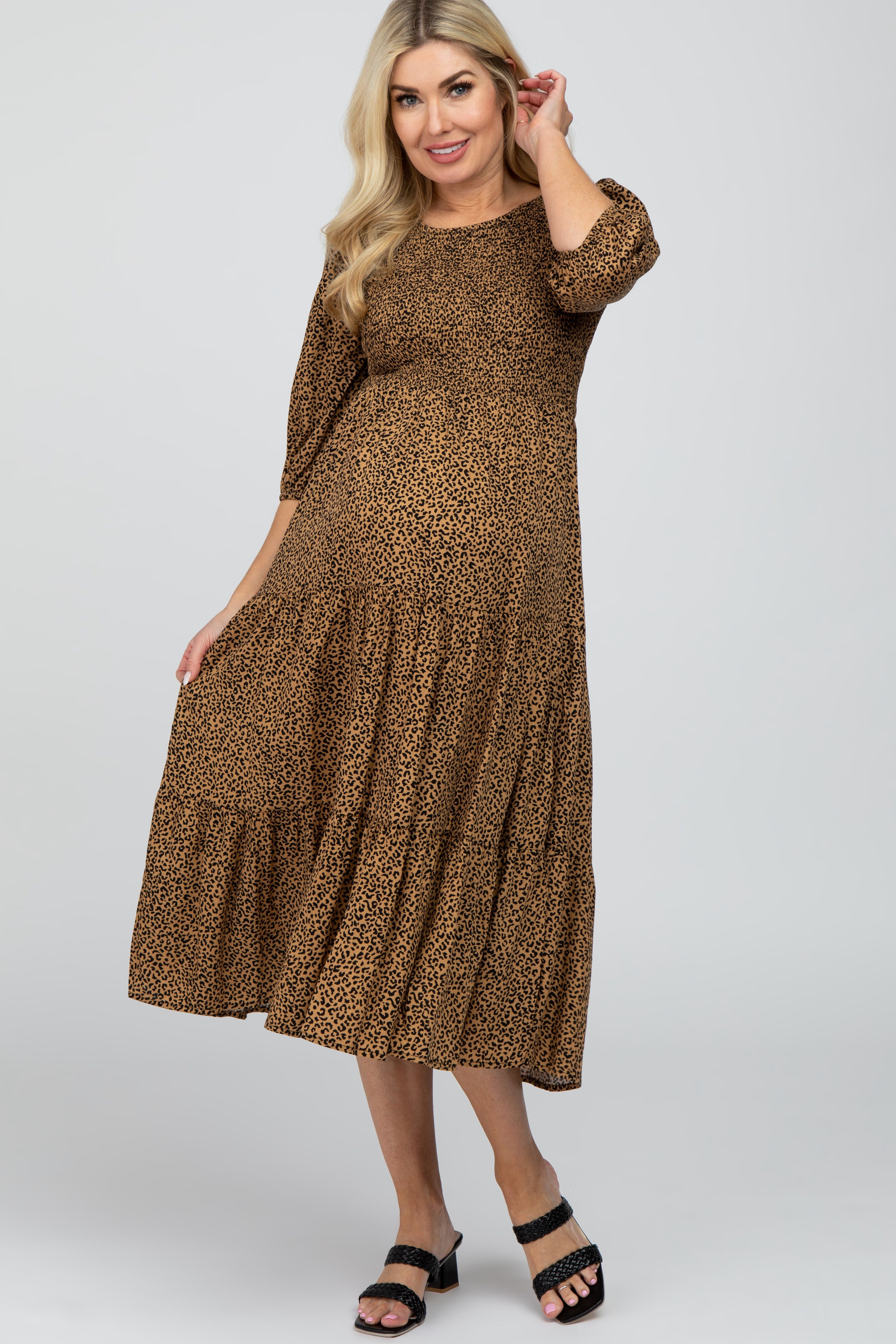 Camel Animal Print Smocked Maternity Midi Dress sold by Pinkblush product image thumbnail 2