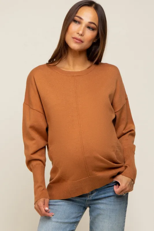 Camel Rib Knit Exposed Seam Maternity Sweater sold by Pinkblush