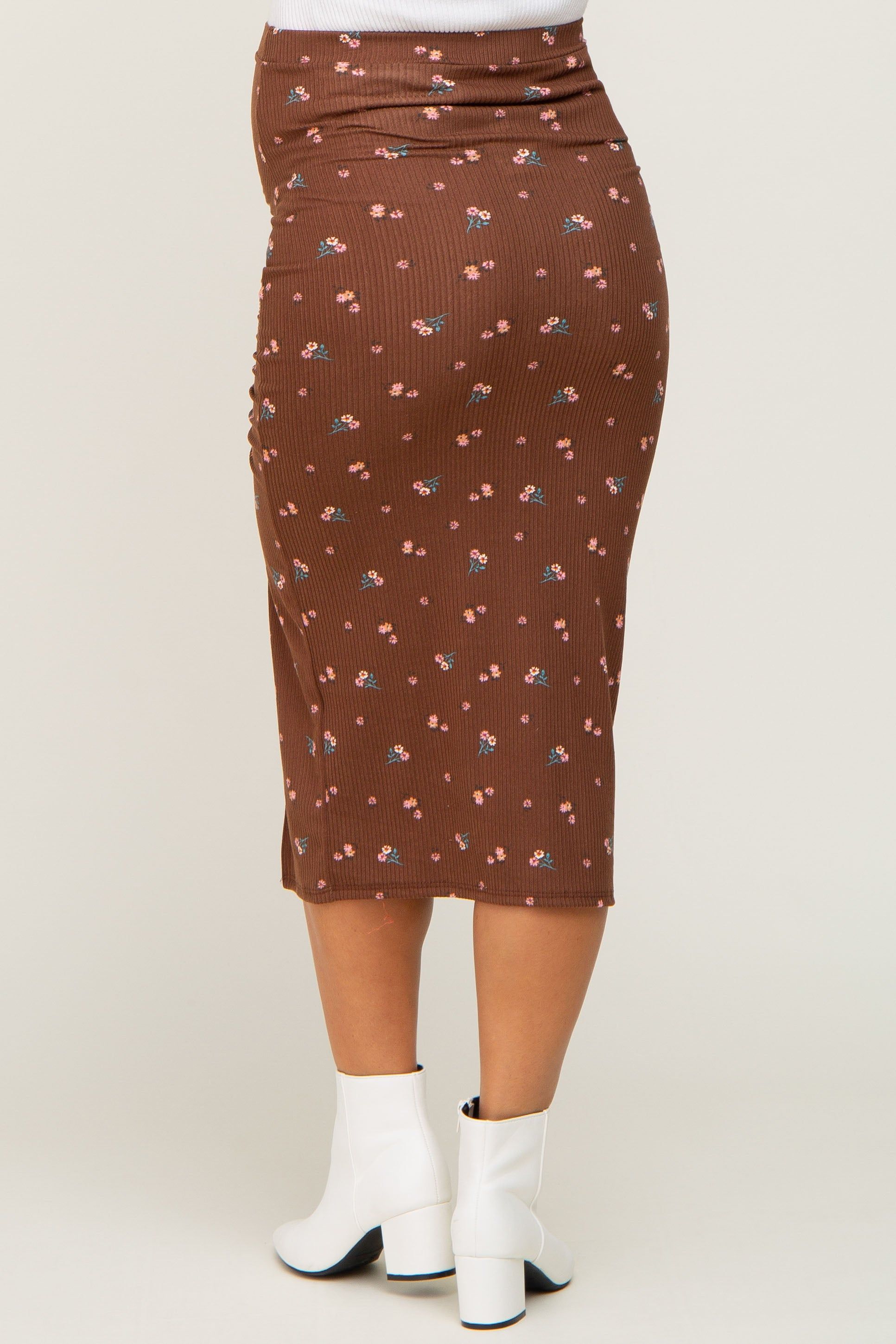 Brown Floral Ribbed Ruched Slit Maternity Midi Skirt sold by Pinkblush product image thumbnail 4