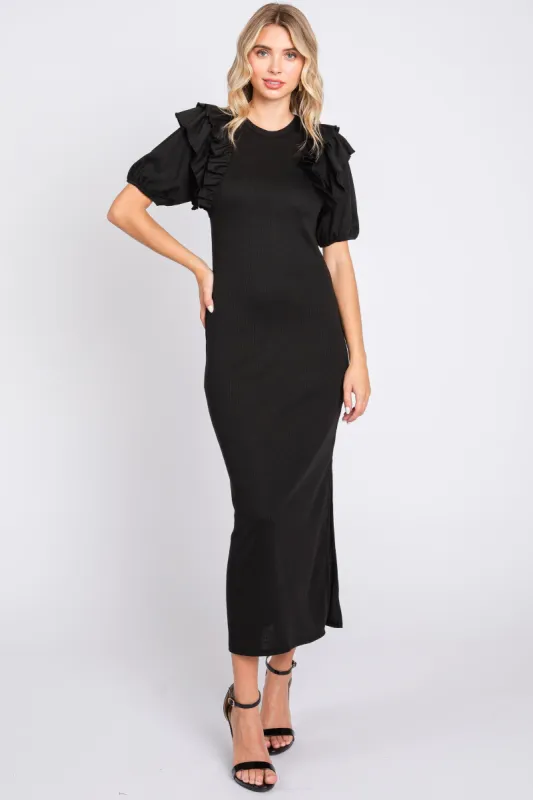 Black Ribbed Ruffle Midi Dress sold by Pinkblush
