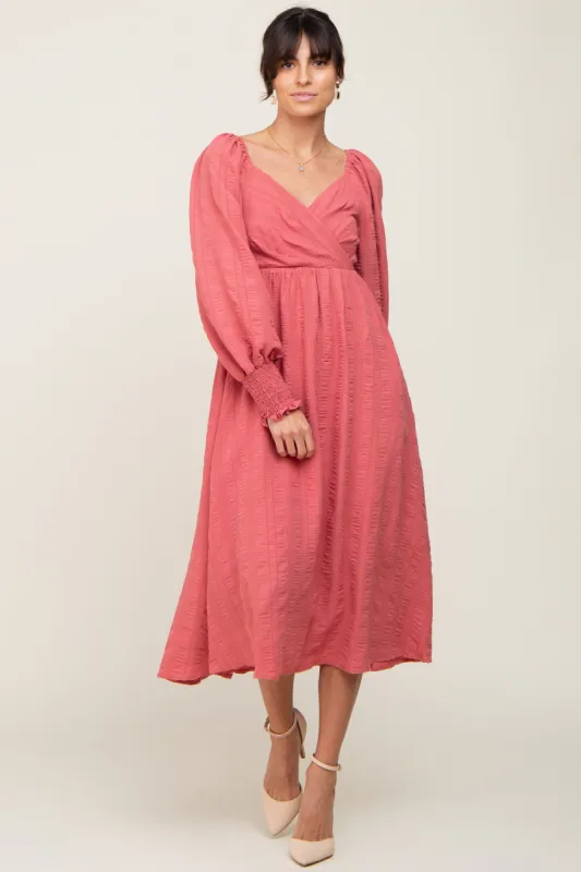 Mauve Wrap Smocked Accent Long Sleeve Dress sold by Pinkblush