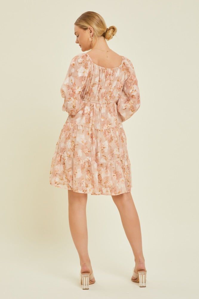Peach Floral Long Sleeve Tiered Dress sold by Pinkblush product image thumbnail 3