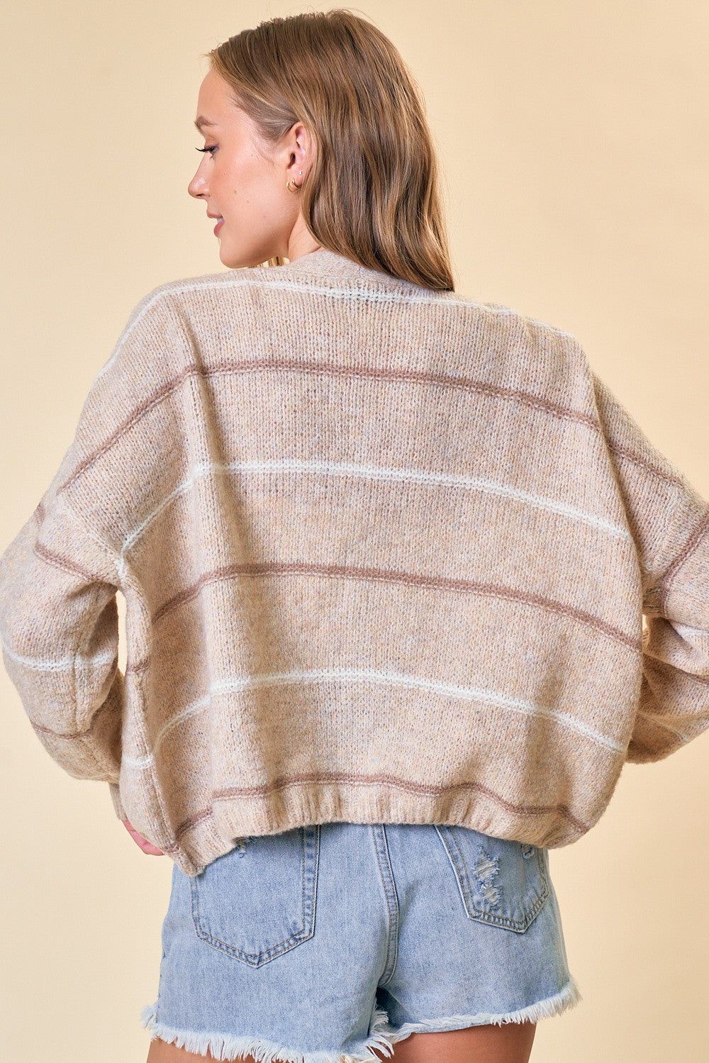 Oatmeal Mocha Striped Wide Sweater Cardigan sold by Pinkblush product image thumbnail 3