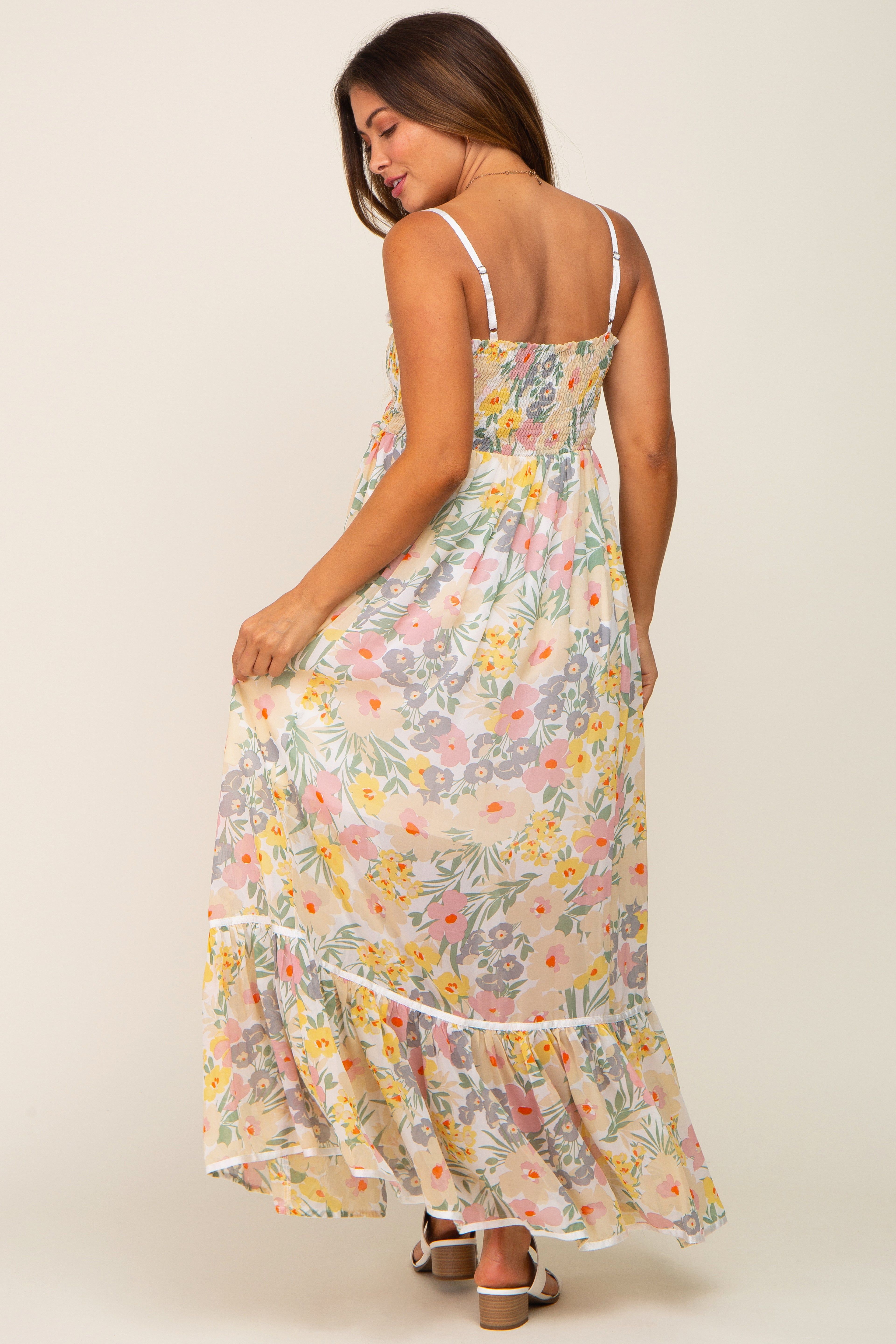 White Floral Sleeveless Button Down Maternity Maxi Dress sold by Pinkblush product image thumbnail 3