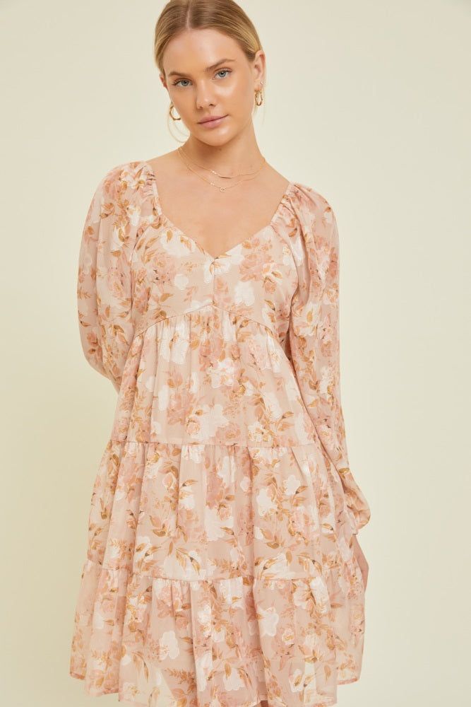 Peach Floral Long Sleeve Tiered Dress sold by Pinkblush product image thumbnail 4