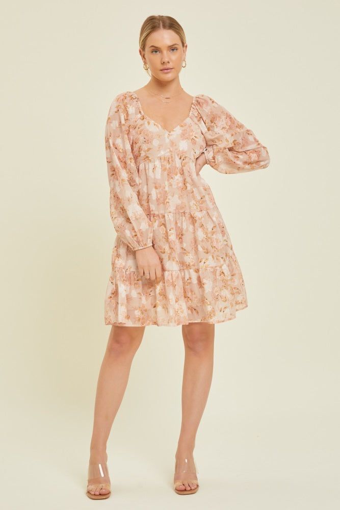 Peach Floral Long Sleeve Tiered Dress sold by Pinkblush