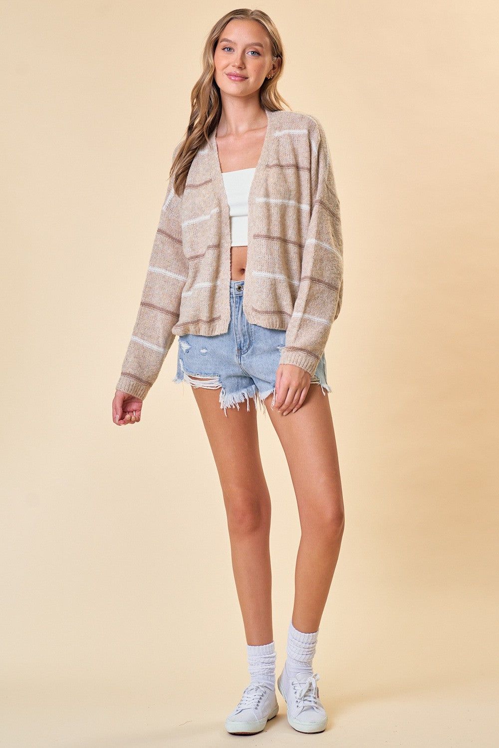 Oatmeal Mocha Striped Wide Sweater Cardigan sold by Pinkblush product image thumbnail 4