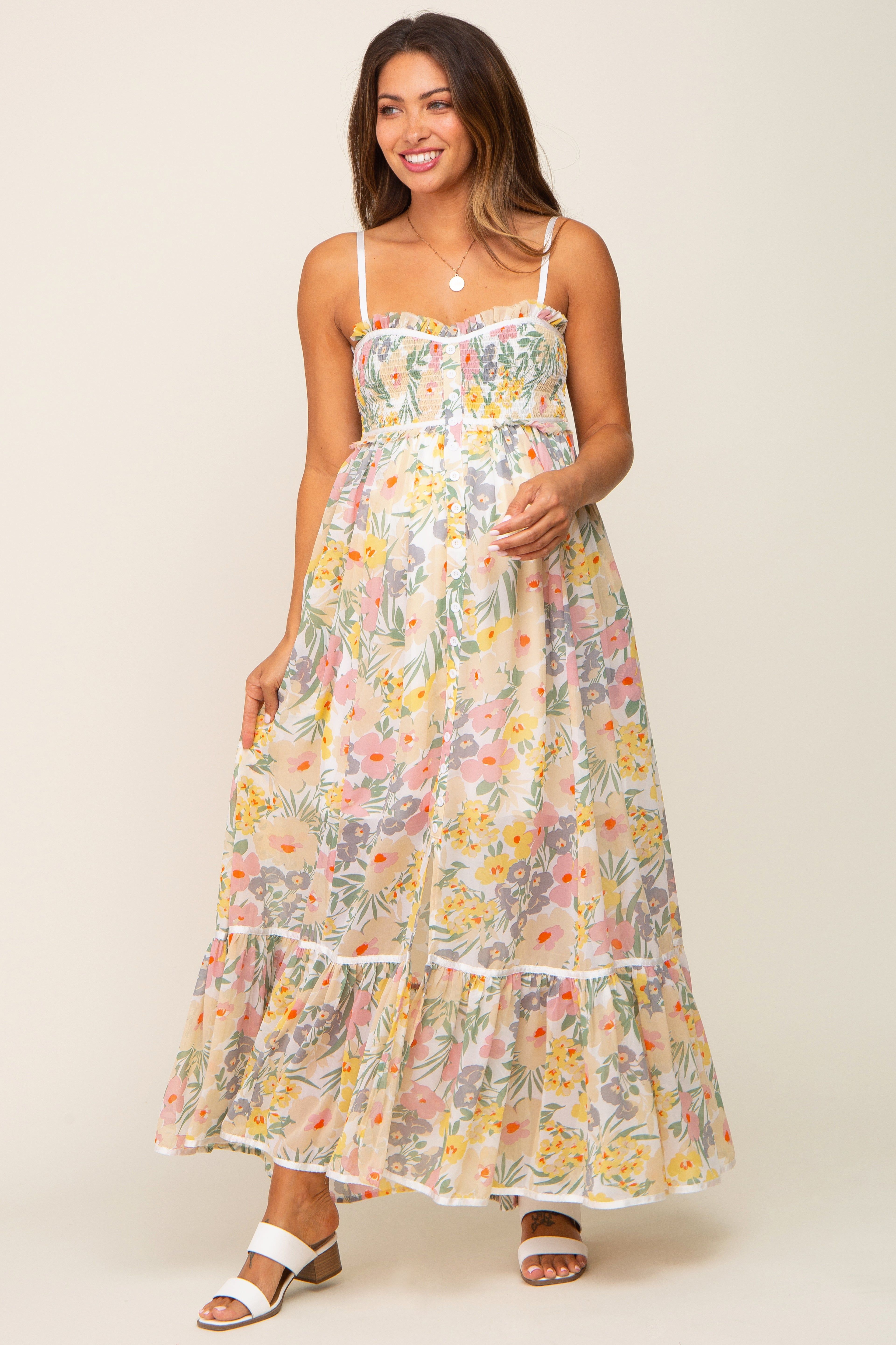 White Floral Sleeveless Button Down Maternity Maxi Dress sold by Pinkblush product image thumbnail 4