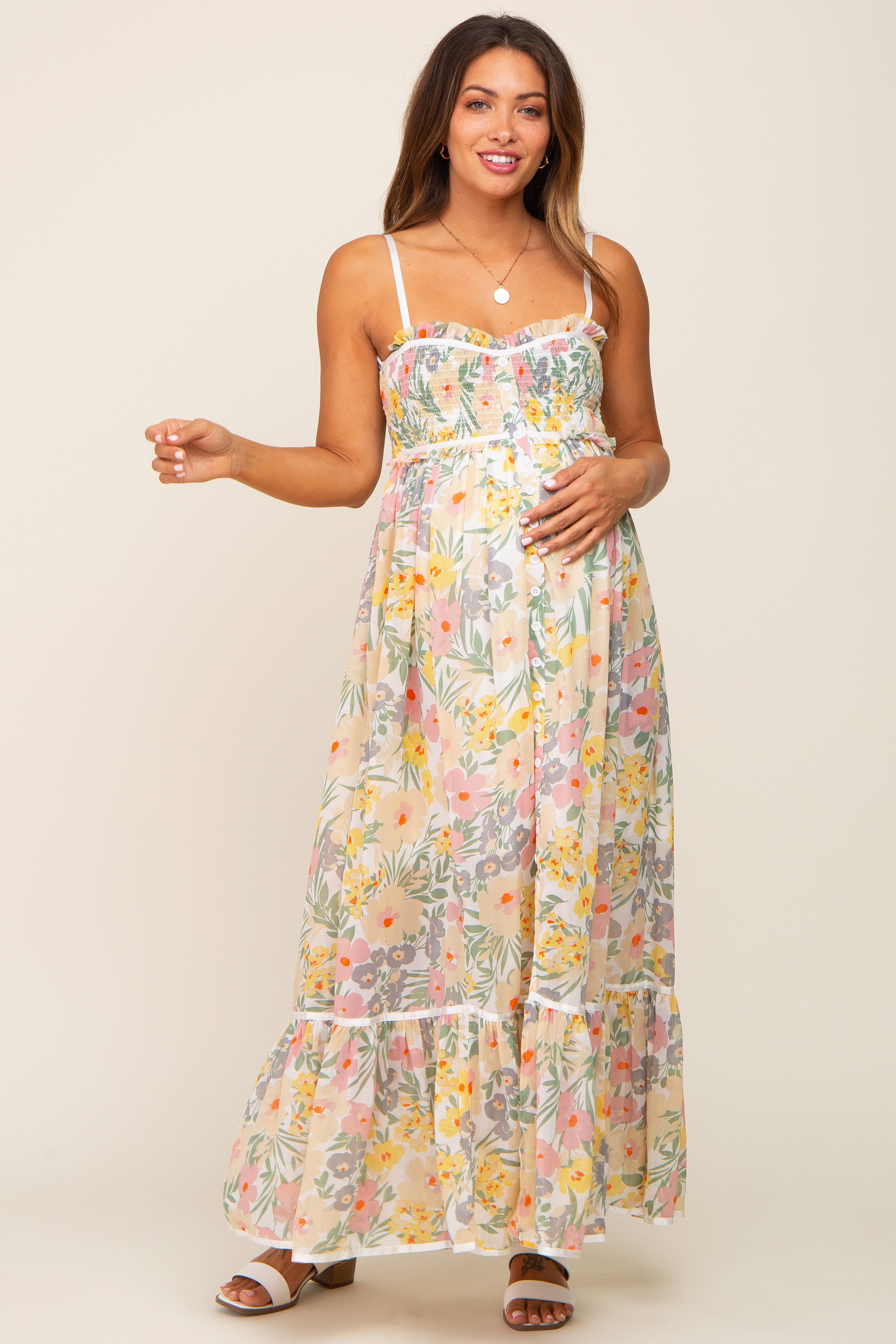 White Floral Sleeveless Button Down Maternity Maxi Dress sold by Pinkblush