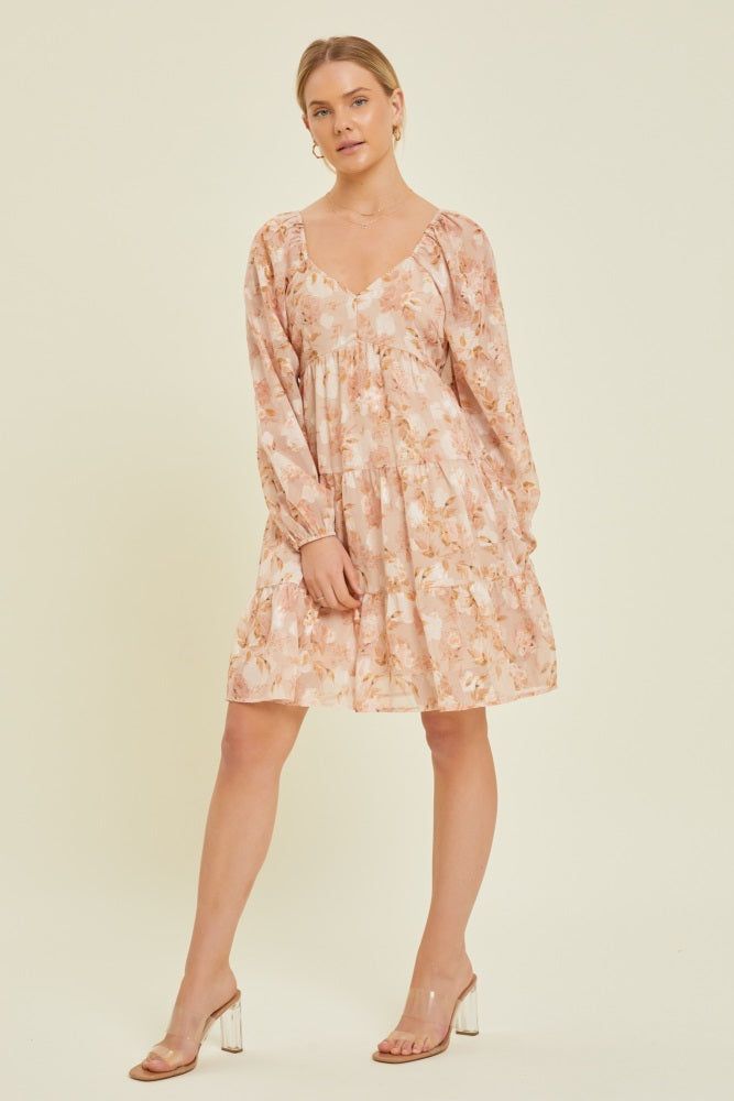 Peach Floral Long Sleeve Tiered Dress sold by Pinkblush product image thumbnail 2