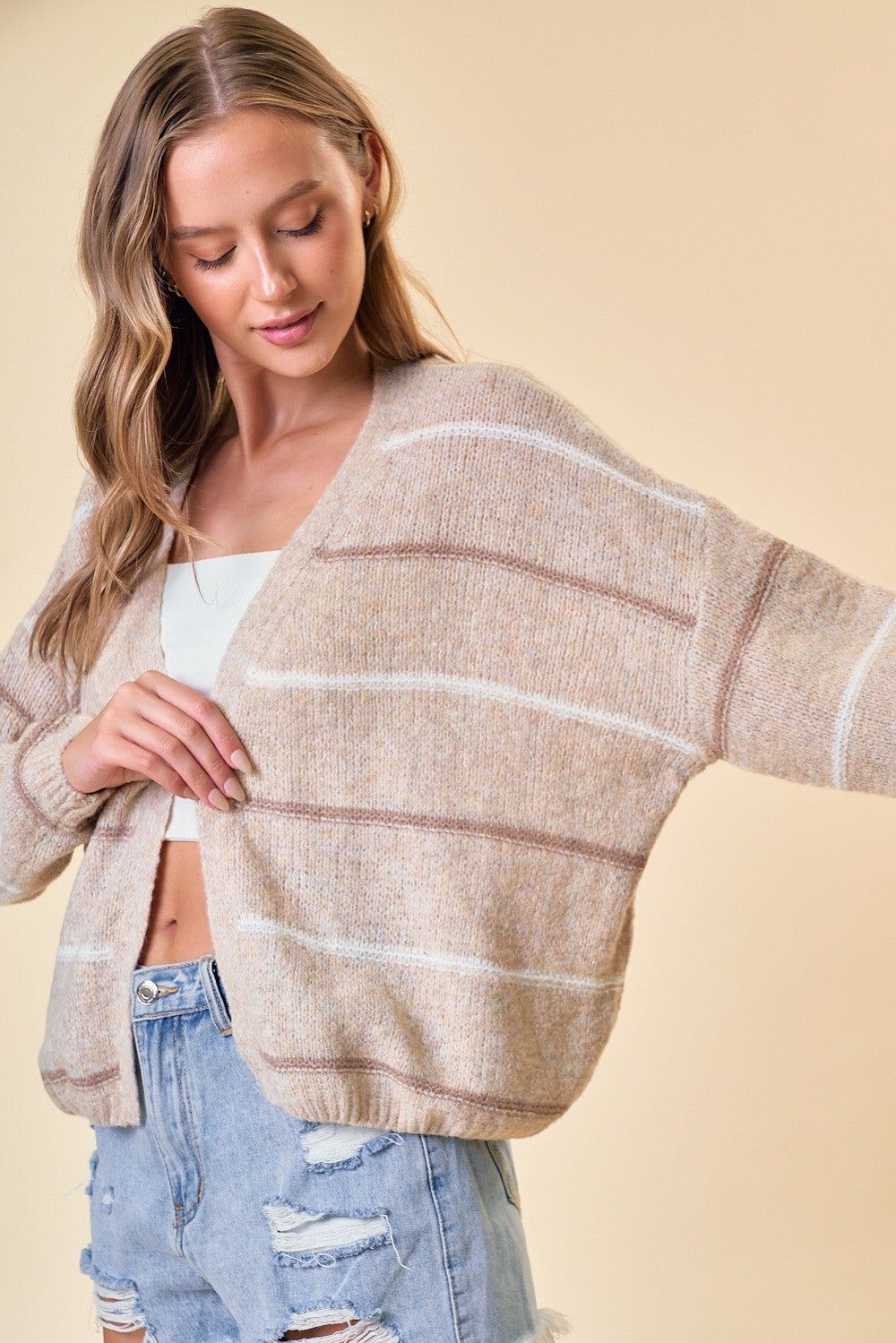 Oatmeal Mocha Striped Wide Sweater Cardigan sold by Pinkblush product image thumbnail 2