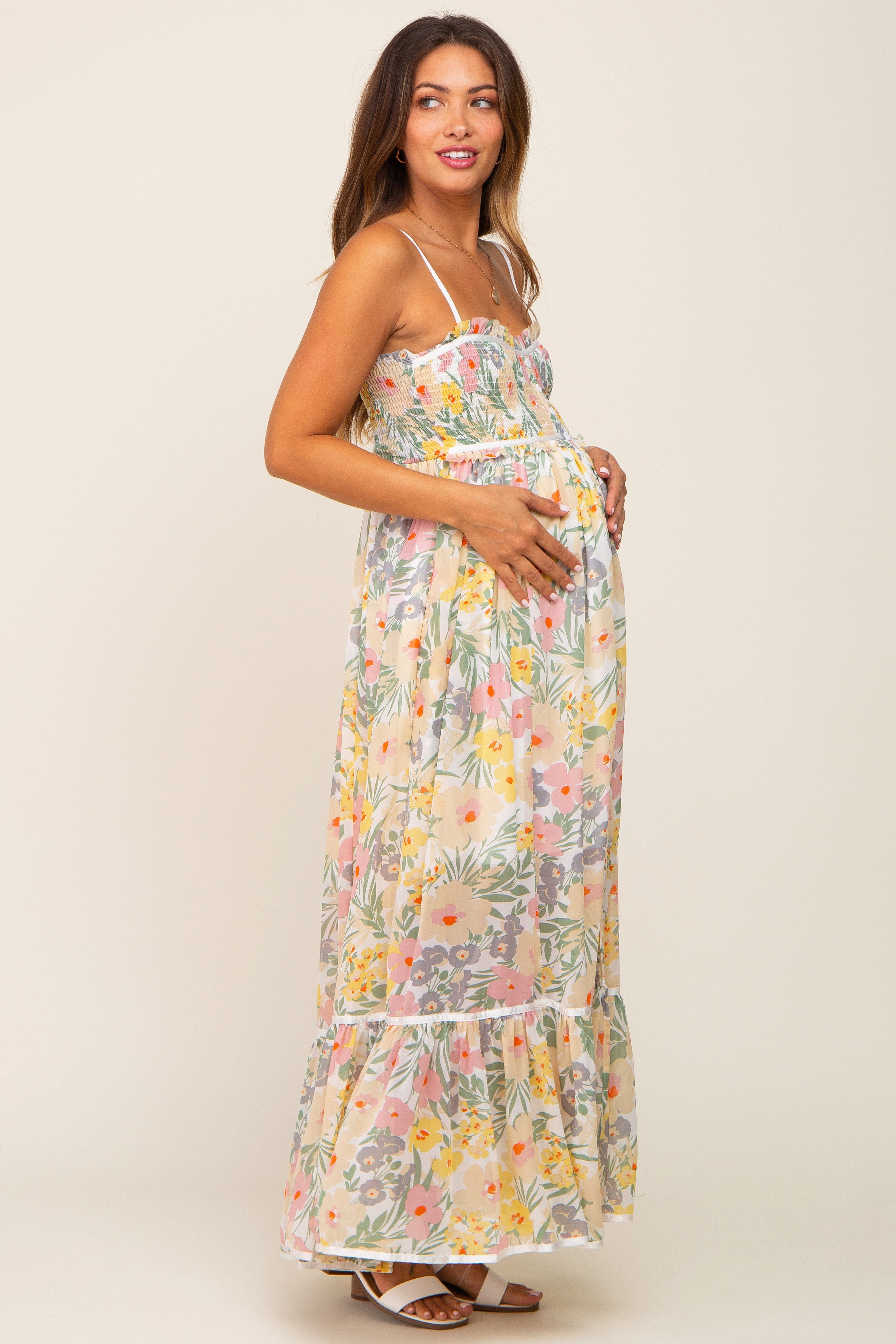 White Floral Sleeveless Button Down Maternity Maxi Dress sold by Pinkblush product image thumbnail 2