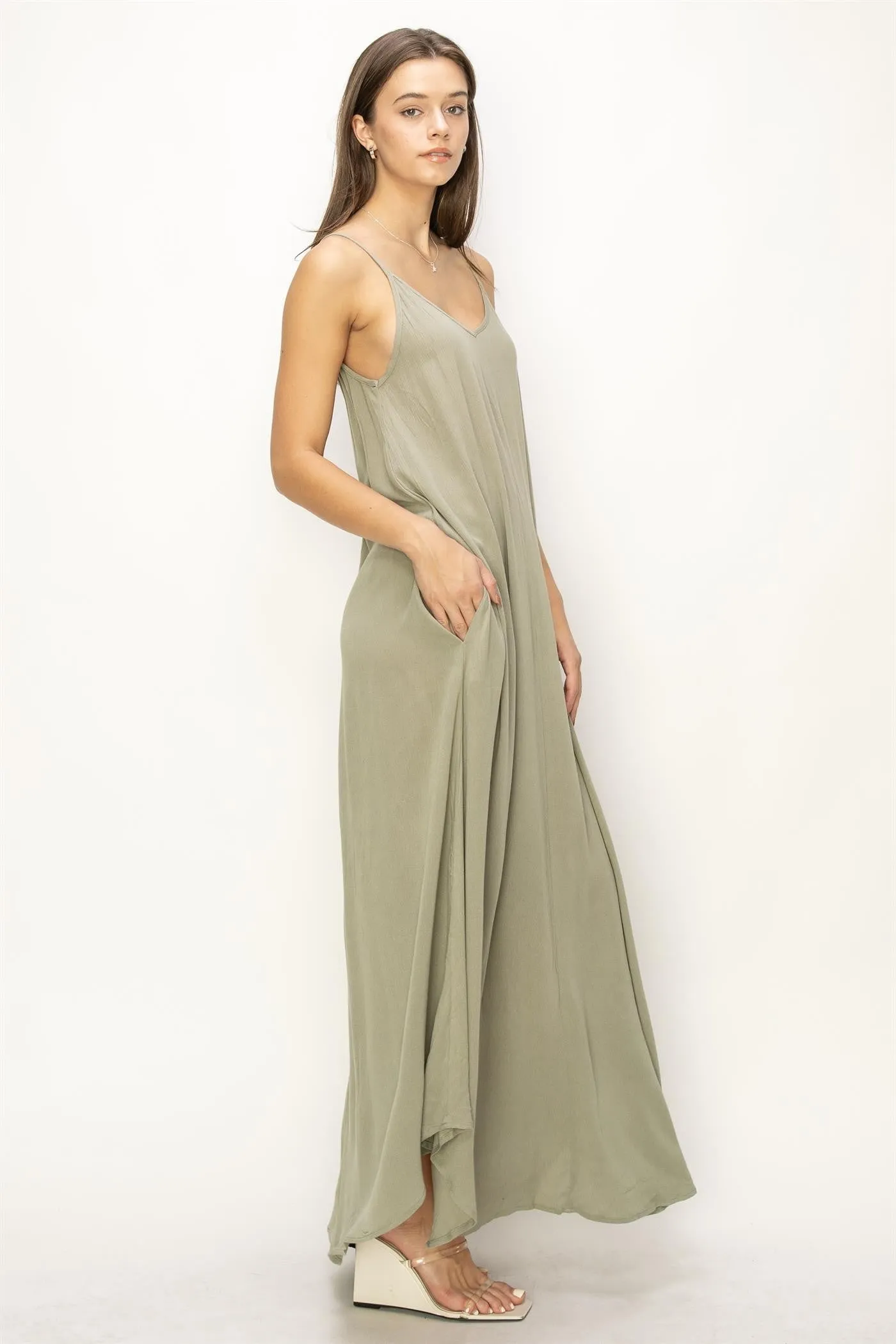 Light Olive Lightweight Sleeveless V-Neck Maxi Dress sold by Pinkblush product image thumbnail 2