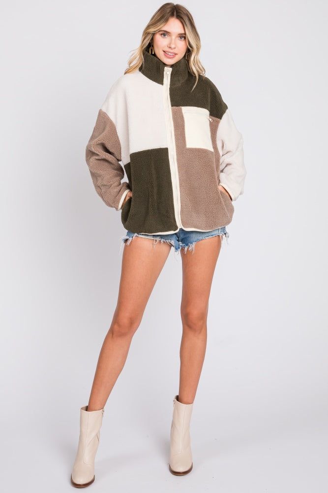 Olive Color Block Sherpa Contrast Pocket Jacket sold by Pinkblush product image thumbnail 5