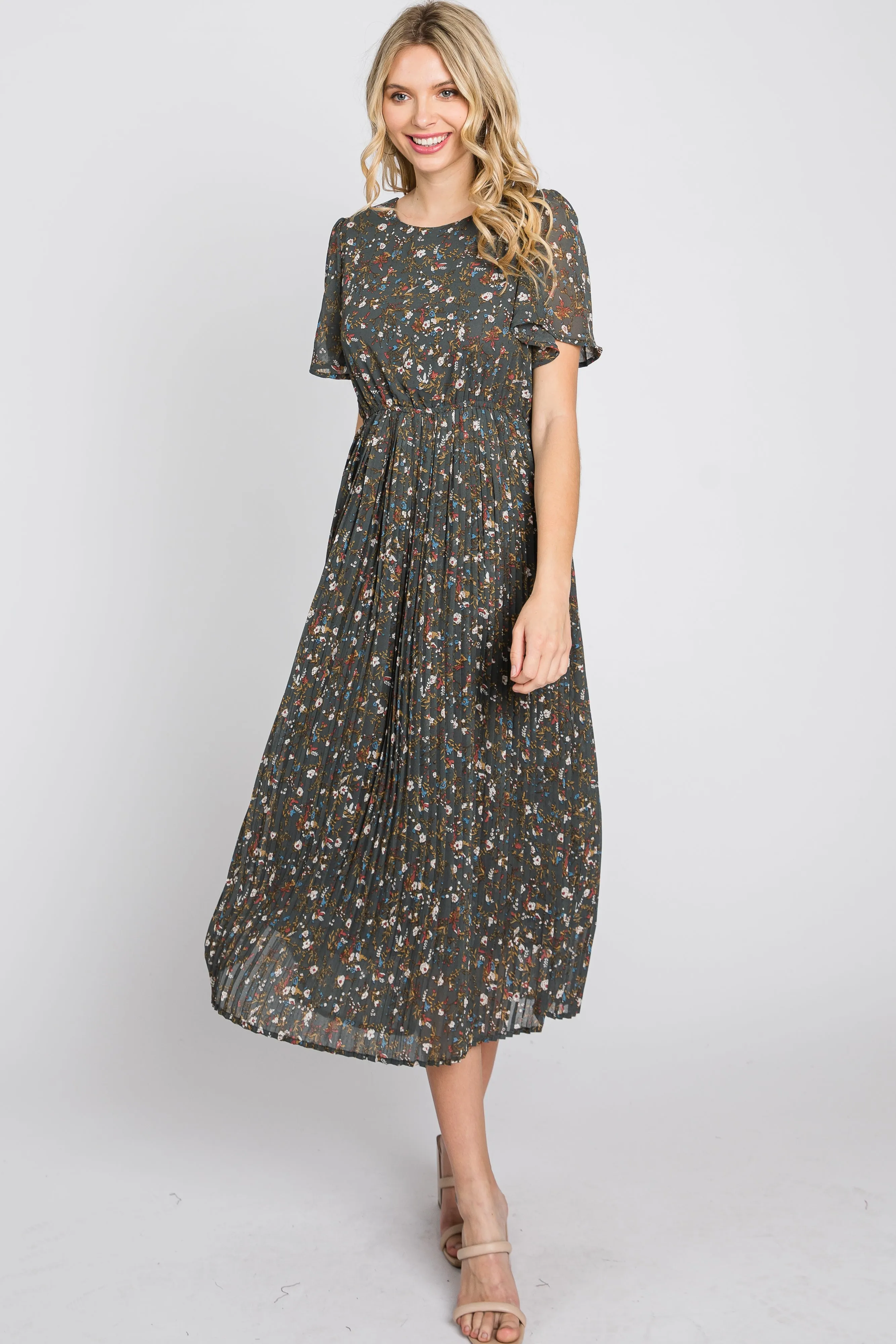 Teal Floral Pleated Chiffon Midi Dress sold by Pinkblush product image thumbnail 3
