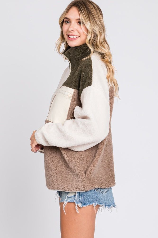 Olive Color Block Sherpa Contrast Pocket Jacket sold by Pinkblush product image thumbnail 2