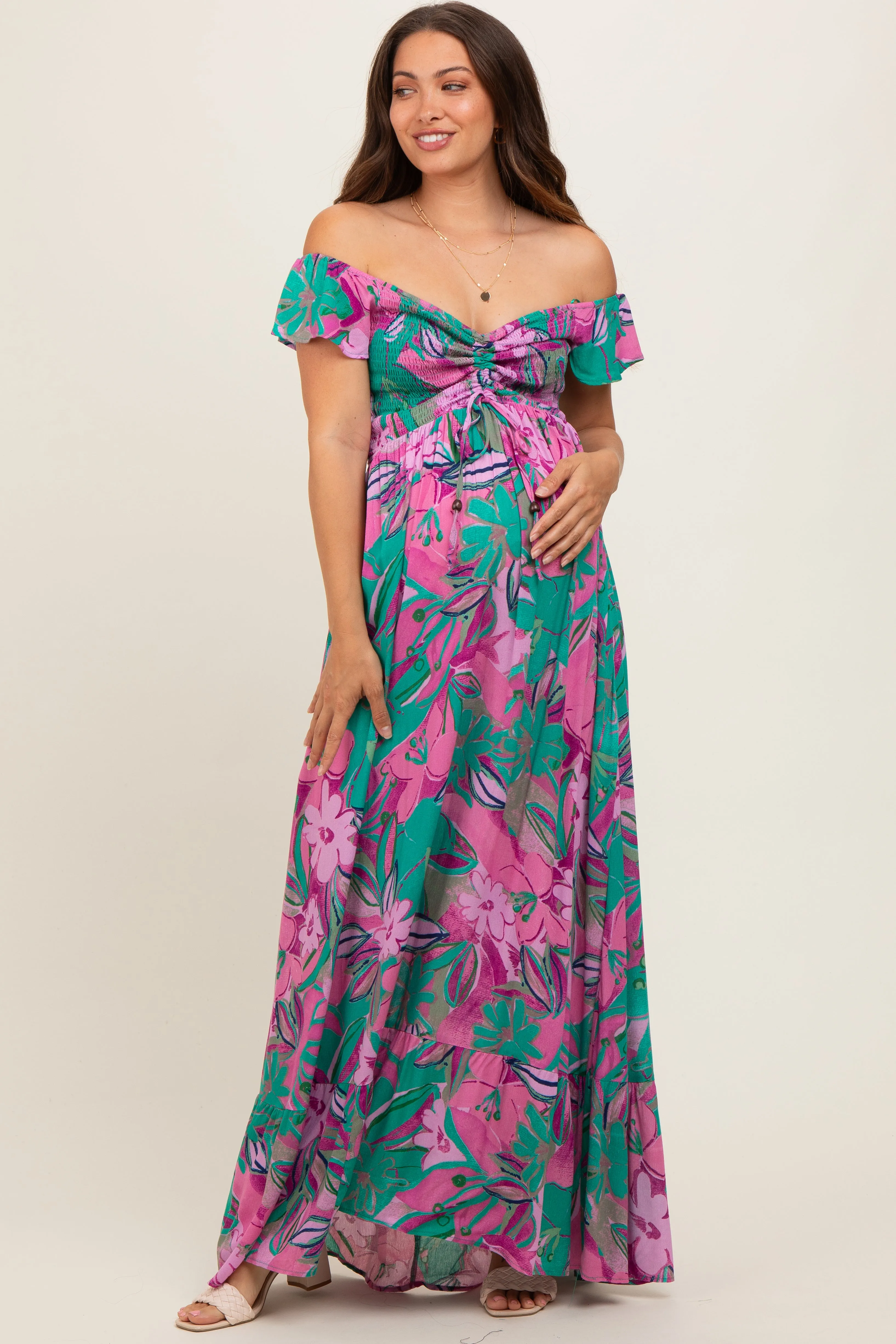 Violet Floral Smocked Off Shoulder Maternity Maxi Dress sold by Pinkblush