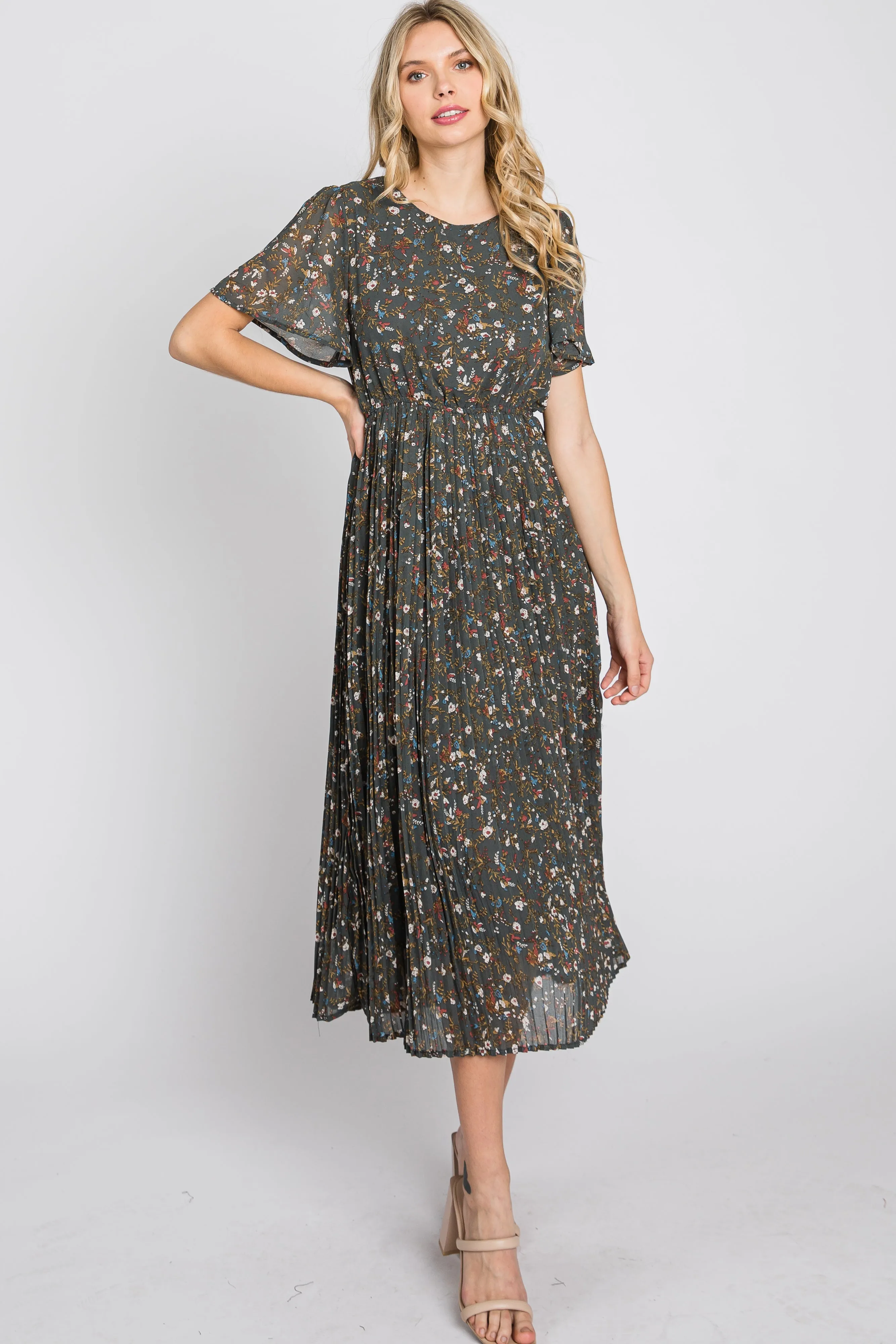 Teal Floral Pleated Chiffon Midi Dress sold by Pinkblush product image thumbnail 4