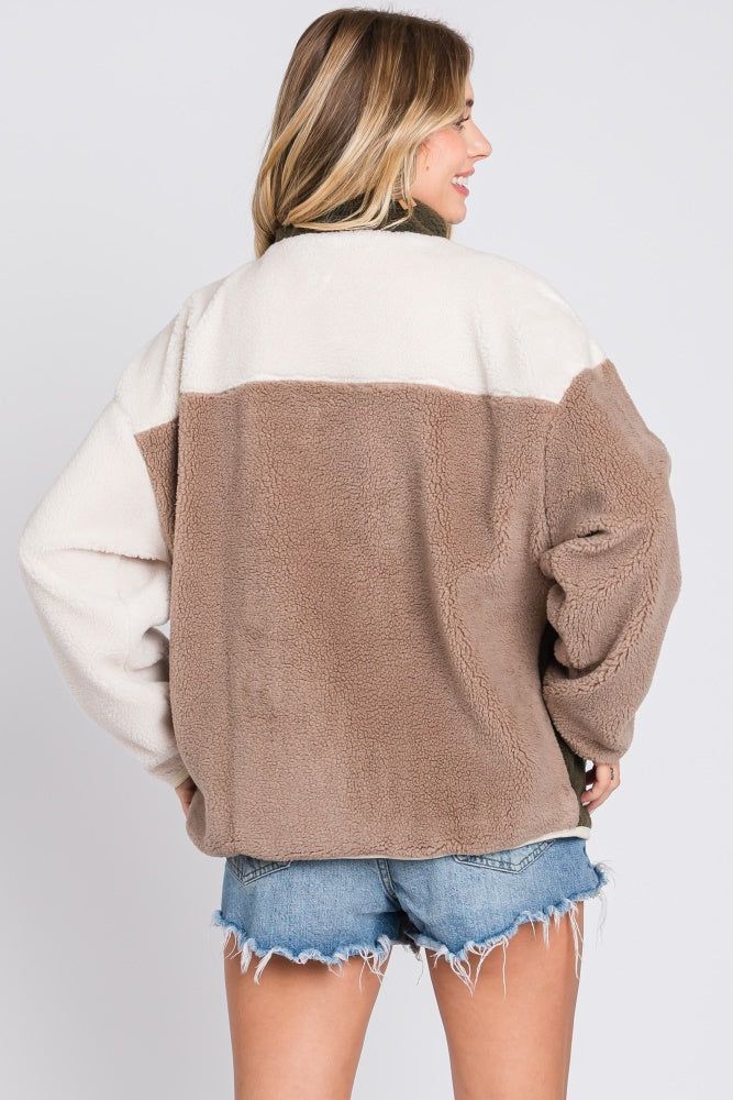 Olive Color Block Sherpa Contrast Pocket Jacket sold by Pinkblush product image thumbnail 3