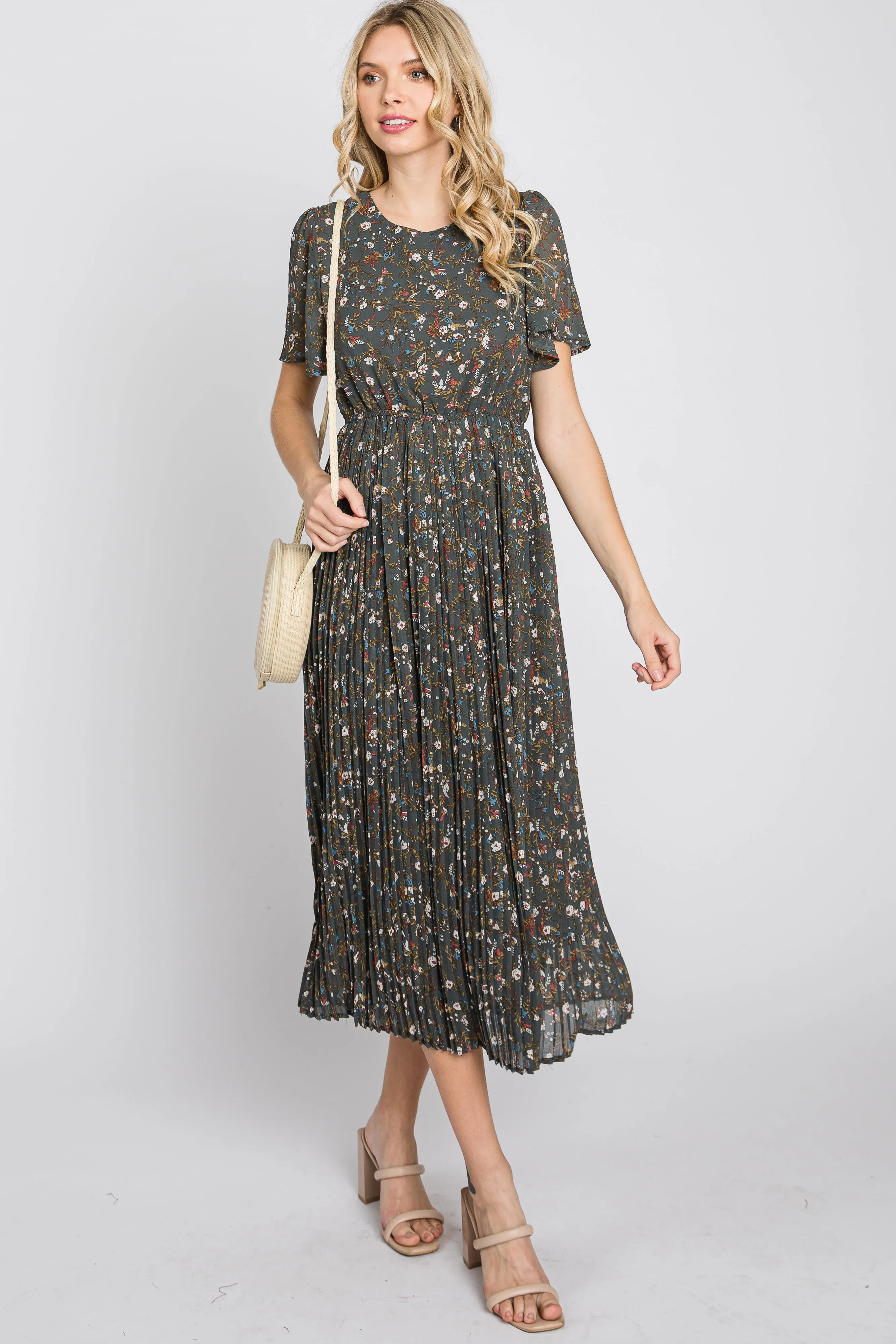 Teal Floral Pleated Chiffon Midi Dress sold by Pinkblush