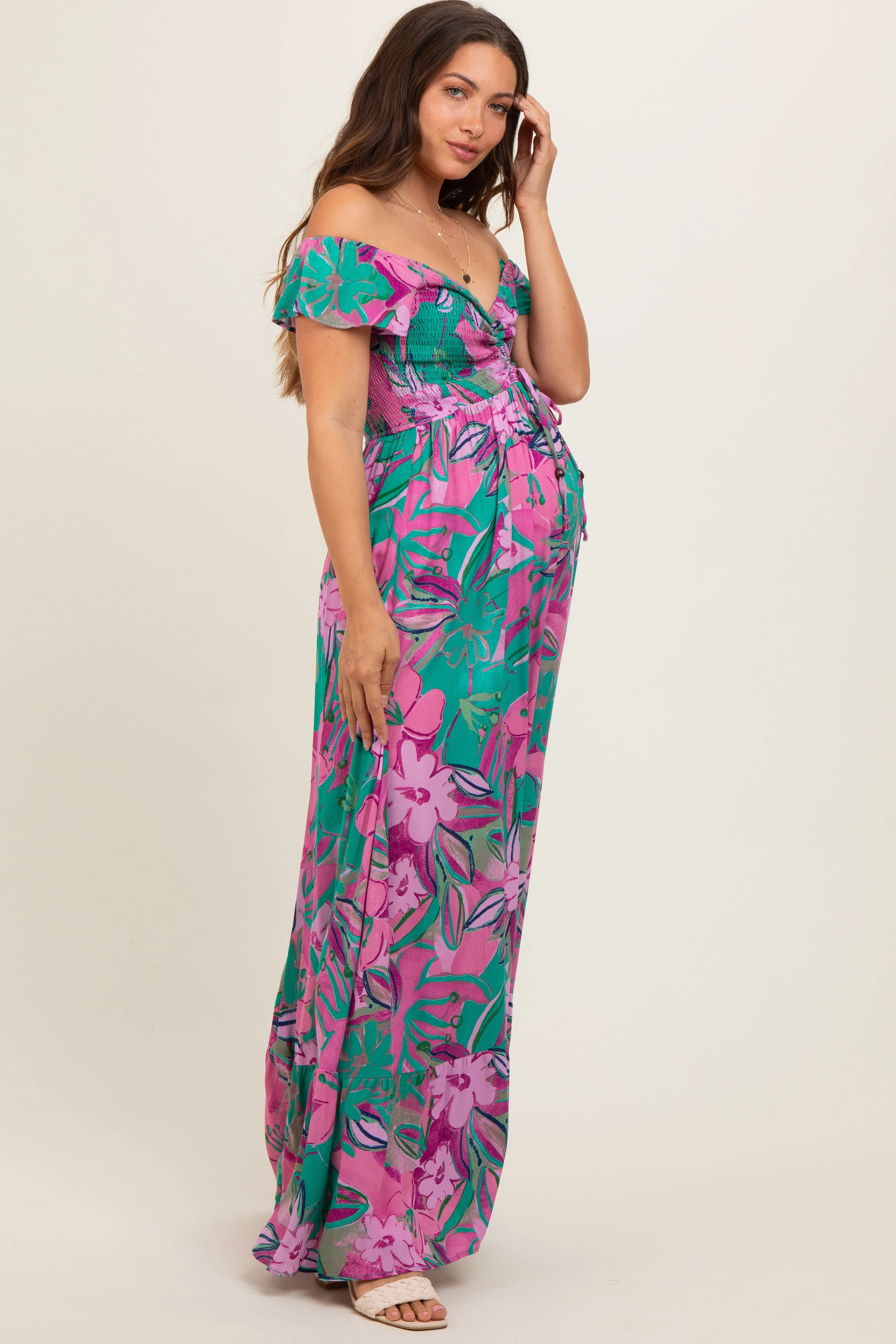 Violet Floral Smocked Off Shoulder Maternity Maxi Dress sold by Pinkblush product image thumbnail 2