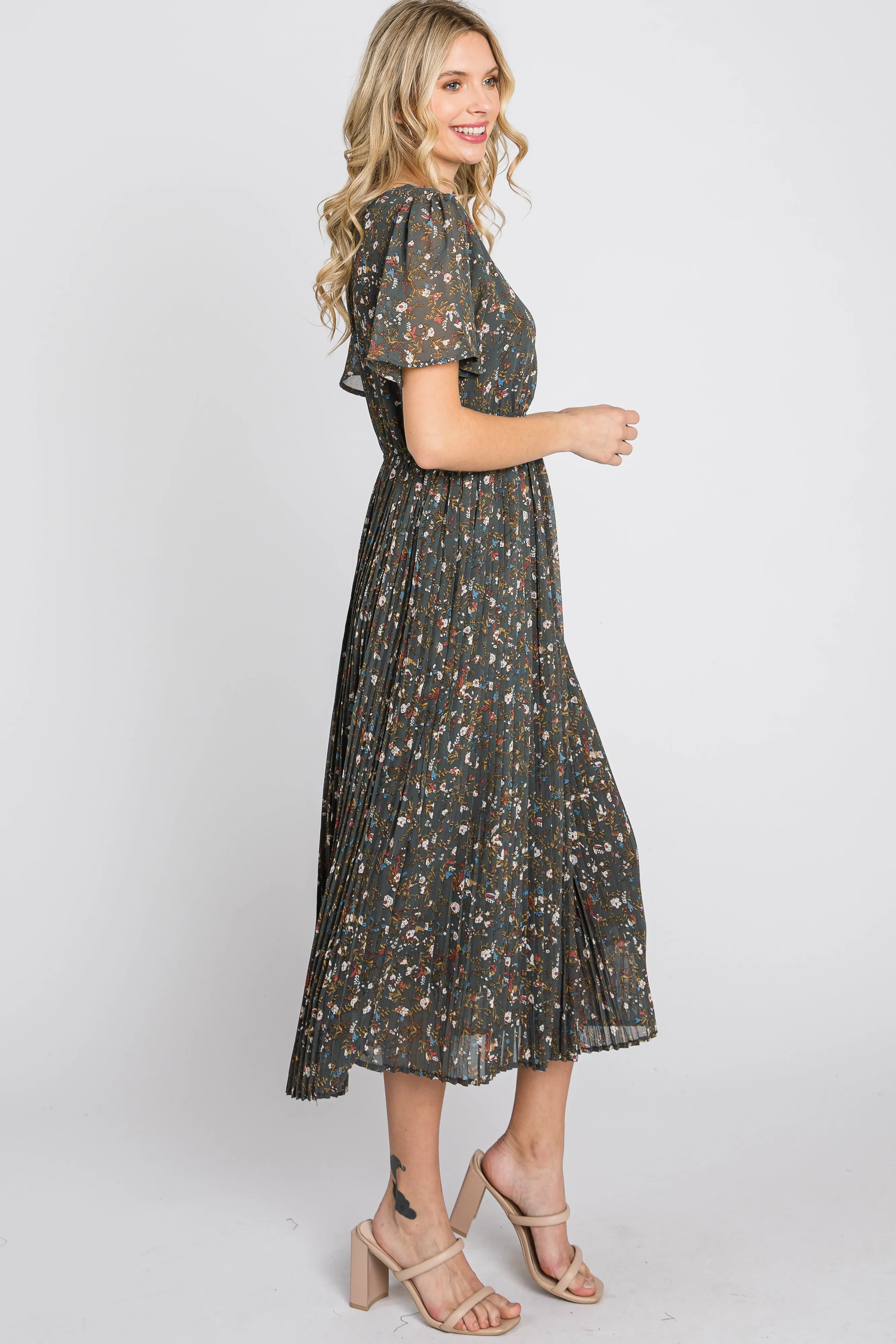 Teal Floral Pleated Chiffon Midi Dress sold by Pinkblush product image thumbnail 5