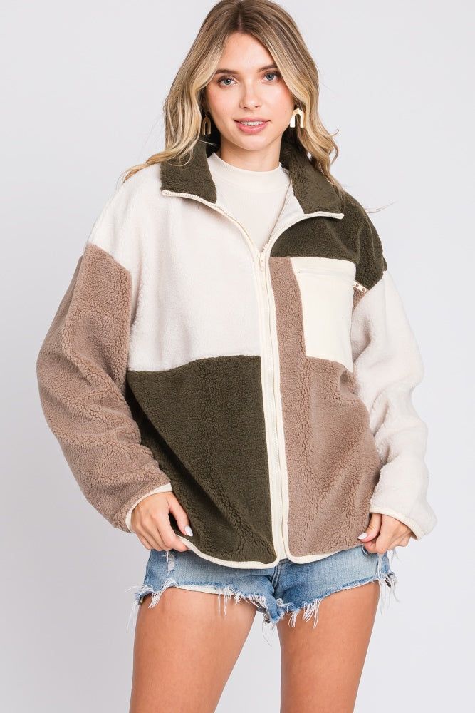 Olive Color Block Sherpa Contrast Pocket Jacket sold by Pinkblush product image thumbnail 4