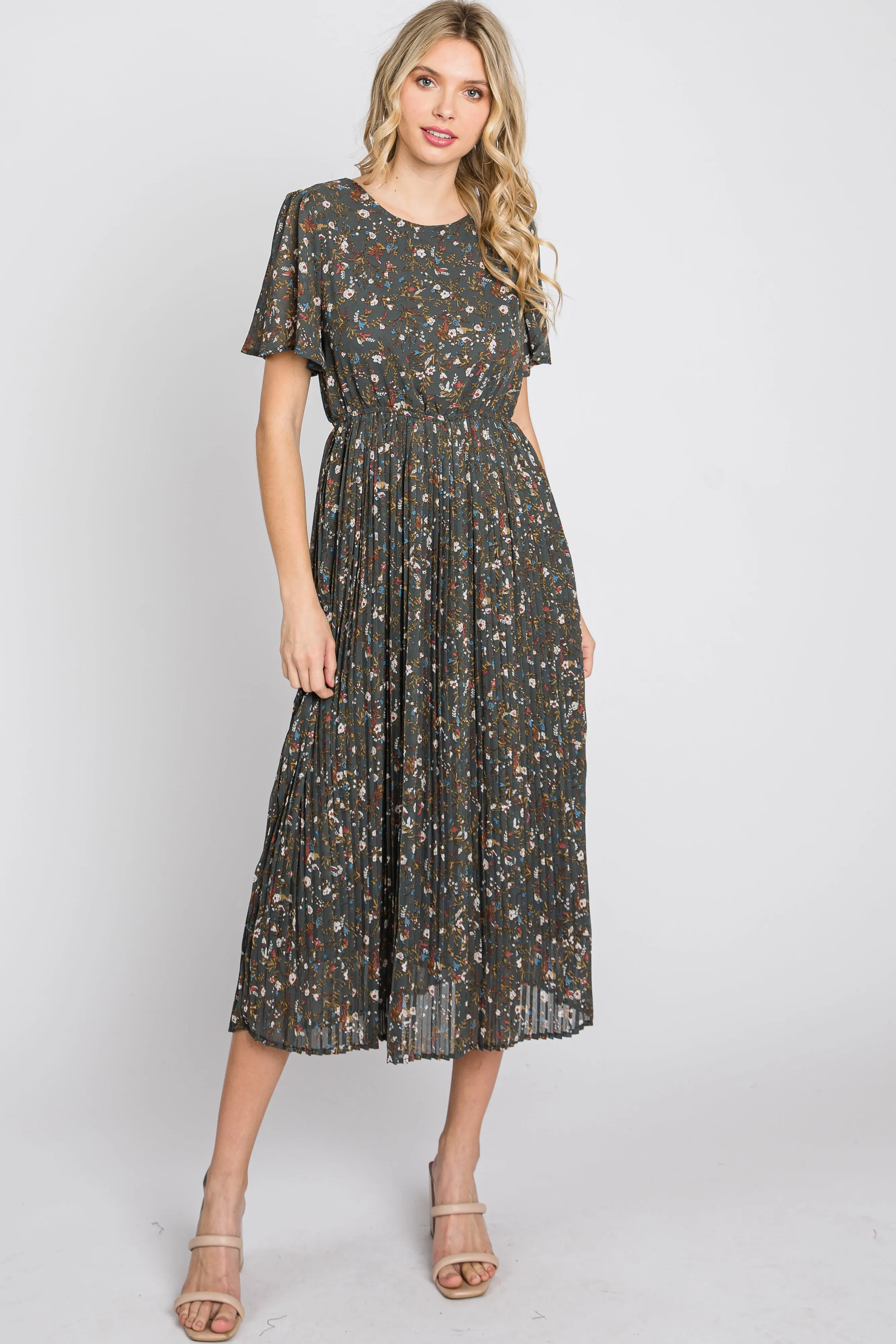 Teal Floral Pleated Chiffon Midi Dress sold by Pinkblush product image thumbnail 2