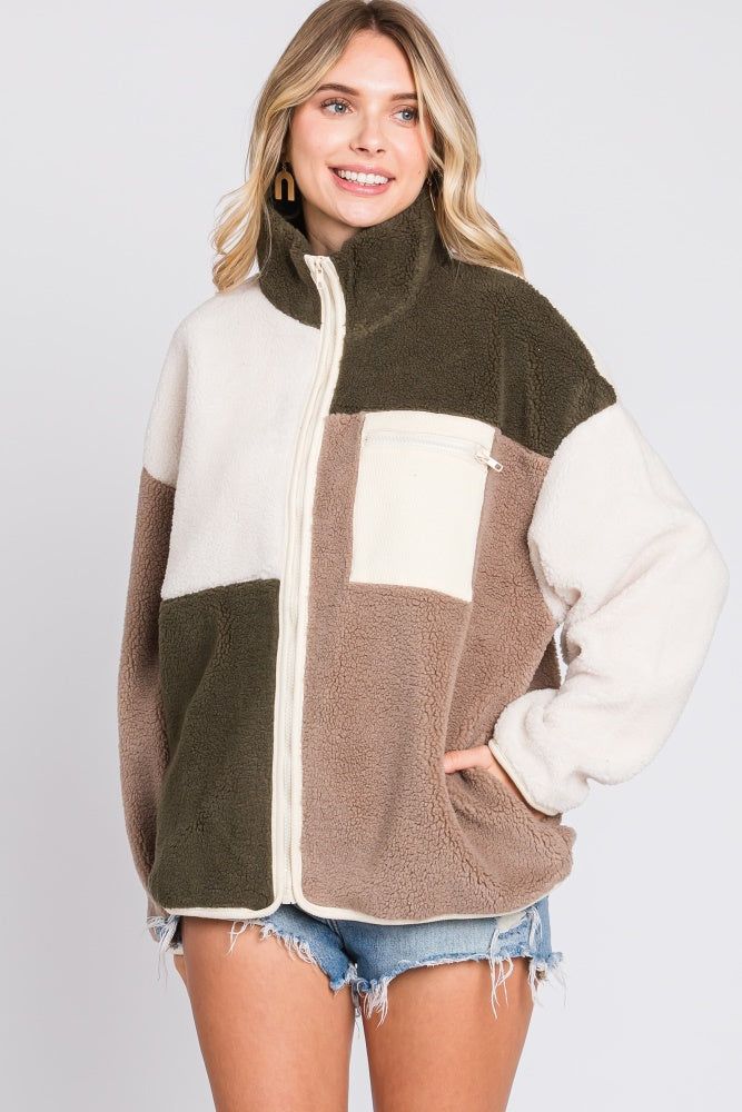 Olive Color Block Sherpa Contrast Pocket Jacket sold by Pinkblush
