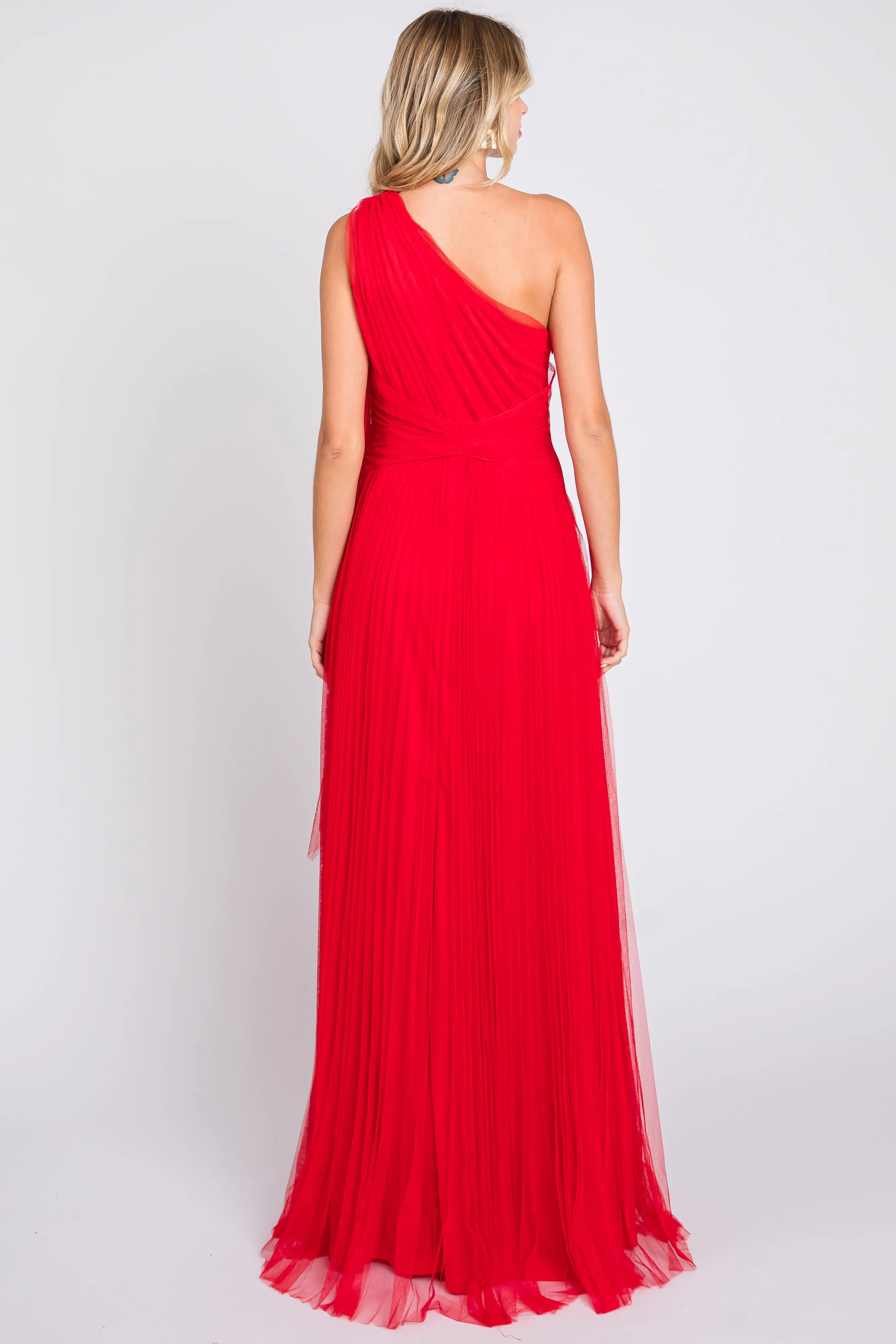 Red One Shoulder Pleated Mesh Gown sold by Pinkblush product image thumbnail 3