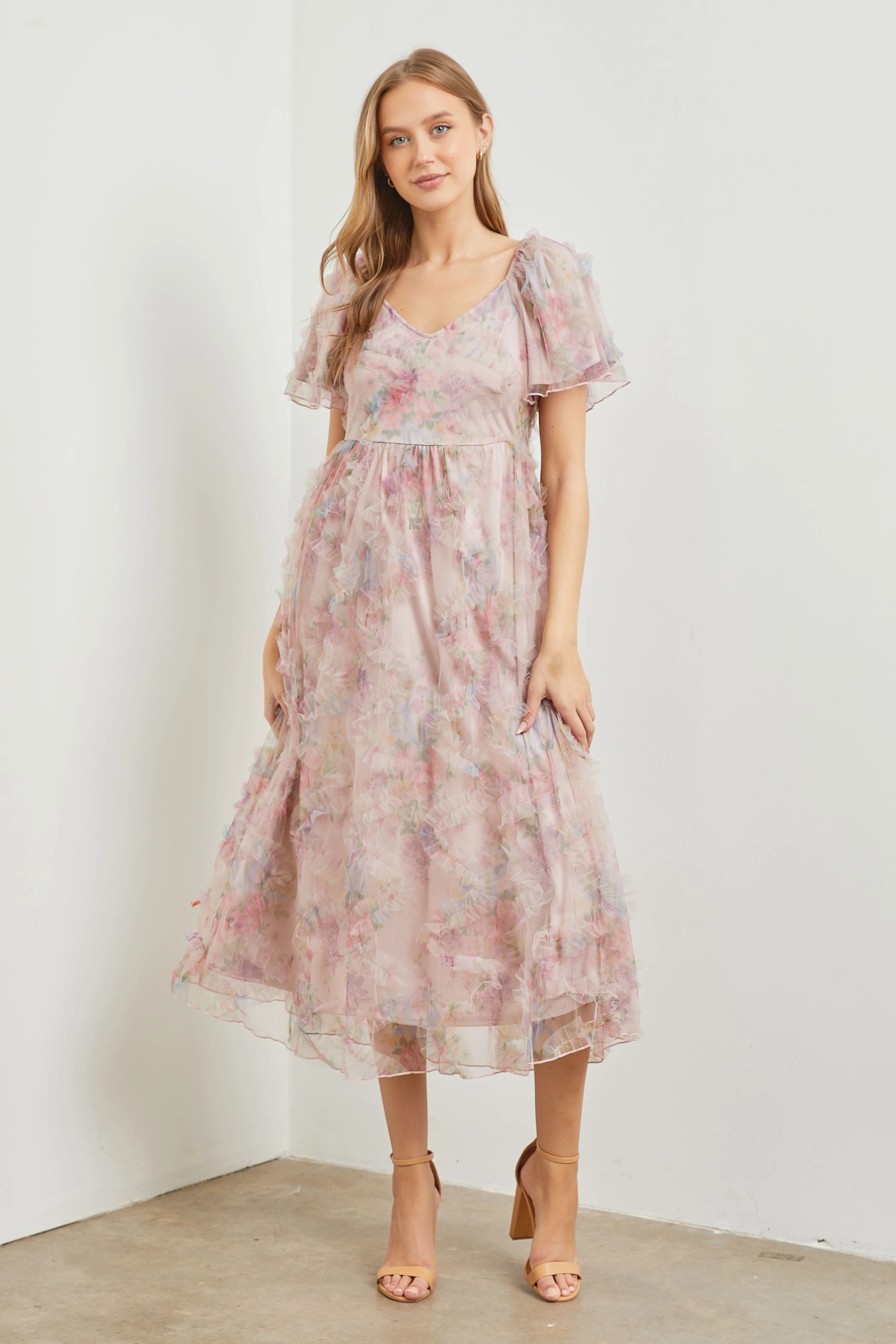 Light Pink Floral Ruffle Applique Puff Sleeve Midi Dress sold by Pinkblush