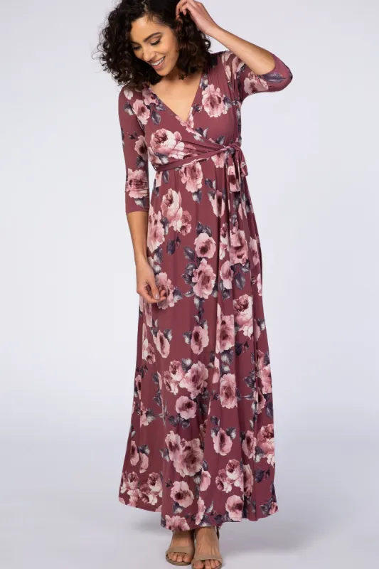 PinkBlush Mauve Abstract Floral Sash Tie Nursing Maxi Dress sold by Pinkblush