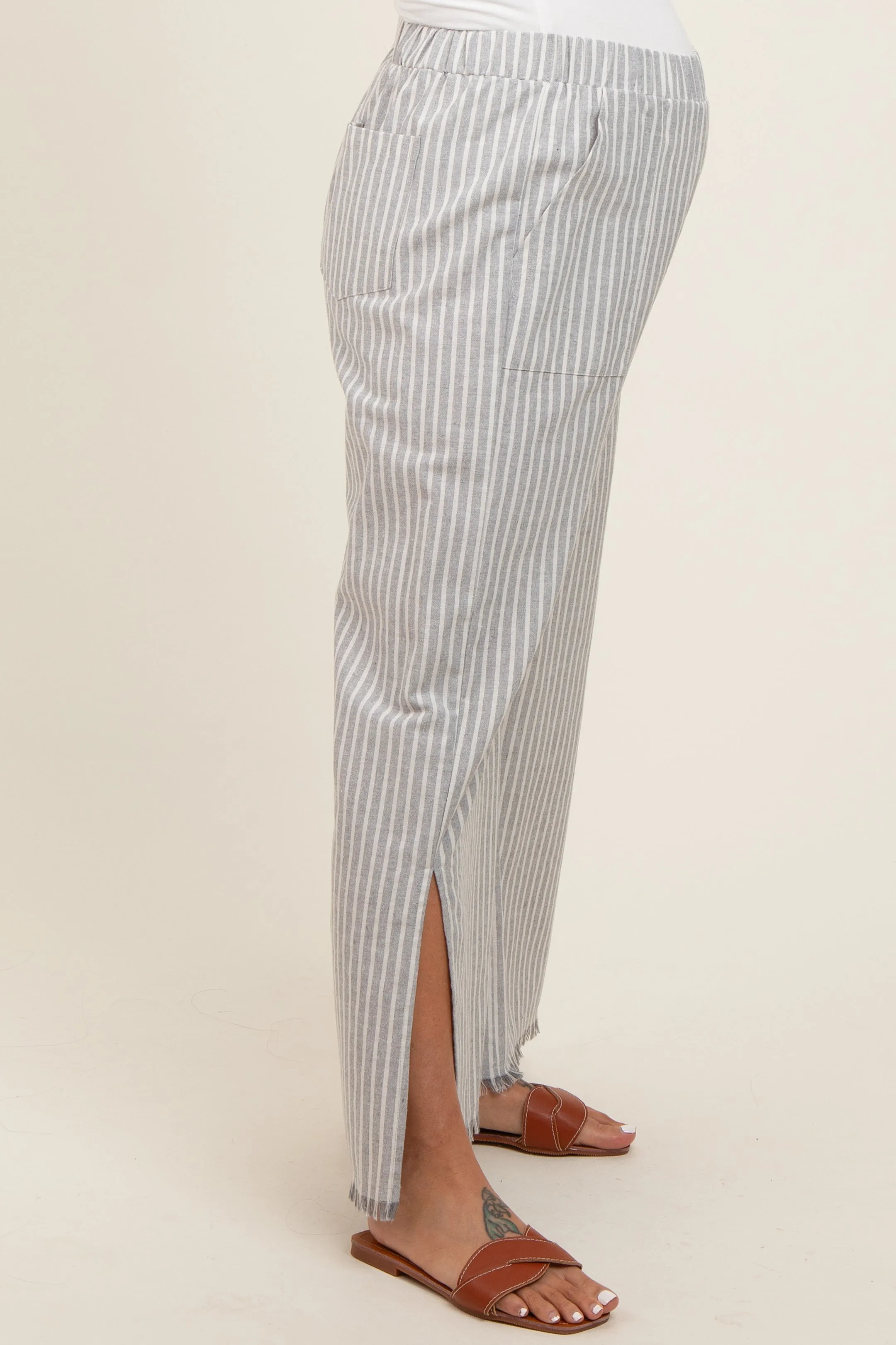 Heather Grey Striped Linen Slit Hem Maternity Pants sold by Pinkblush product image thumbnail 3