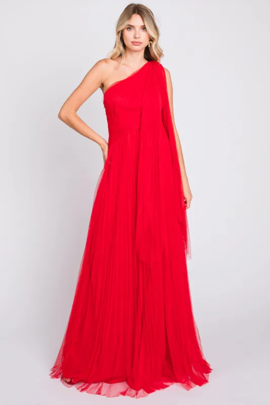Red One Shoulder Pleated Mesh Gown sold by Pinkblush