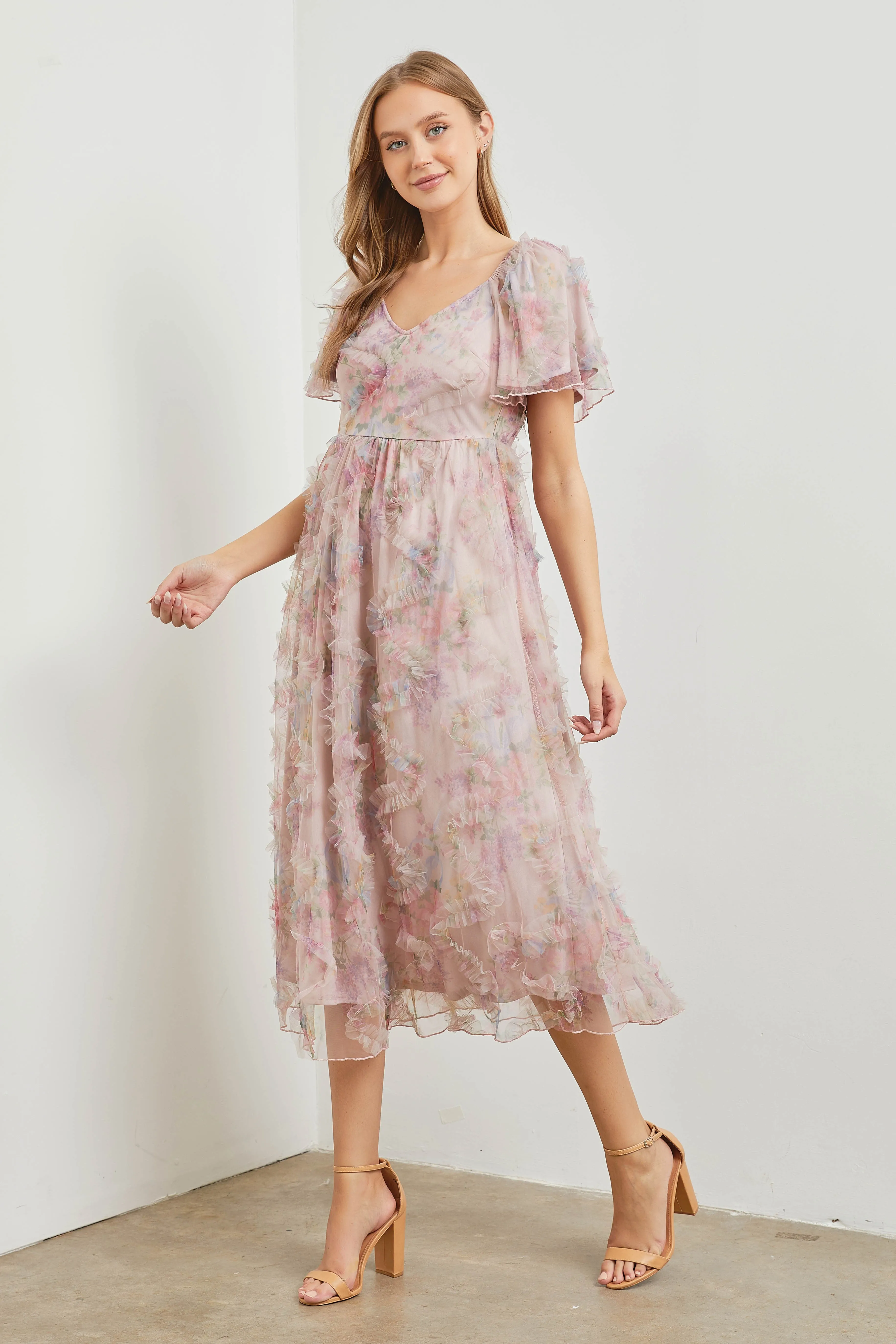 Light Pink Floral Ruffle Applique Puff Sleeve Midi Dress sold by Pinkblush product image thumbnail 2