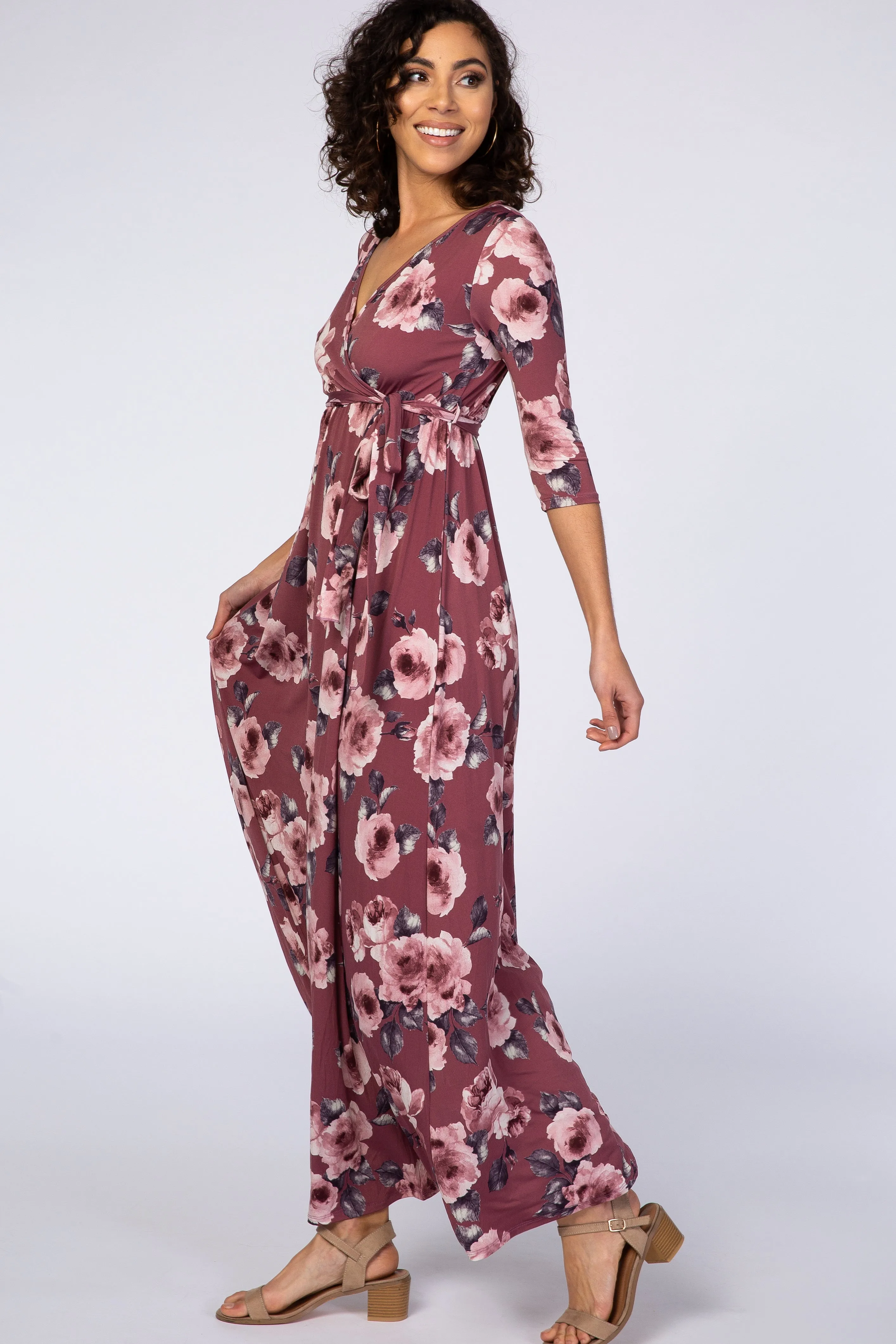 PinkBlush Mauve Abstract Floral Sash Tie Nursing Maxi Dress sold by Pinkblush product image thumbnail 2