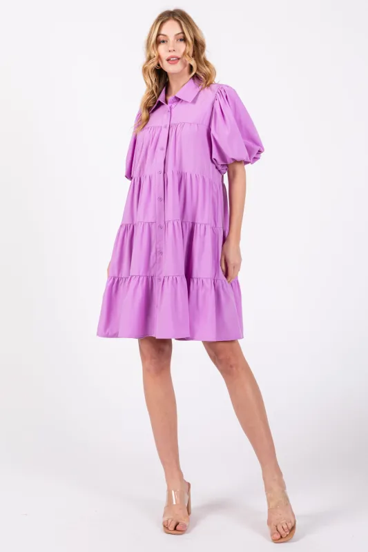 Lavender Puff Sleeve Mini Shirt Dress sold by Pinkblush