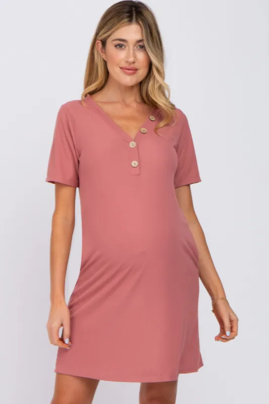 Mauve Ribbed Button Accent Maternity Dress sold by Pinkblush