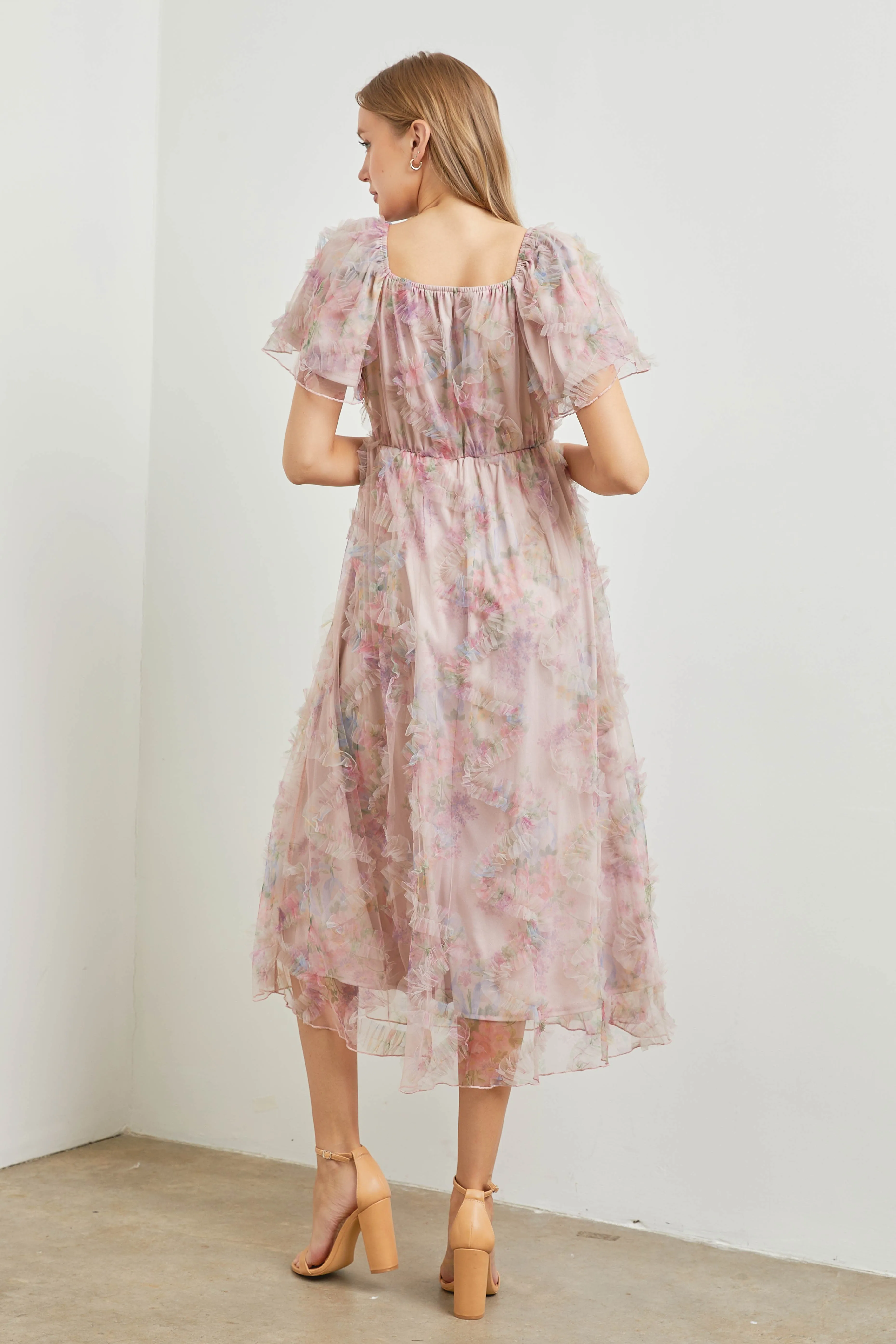 Light Pink Floral Ruffle Applique Puff Sleeve Midi Dress sold by Pinkblush product image thumbnail 3