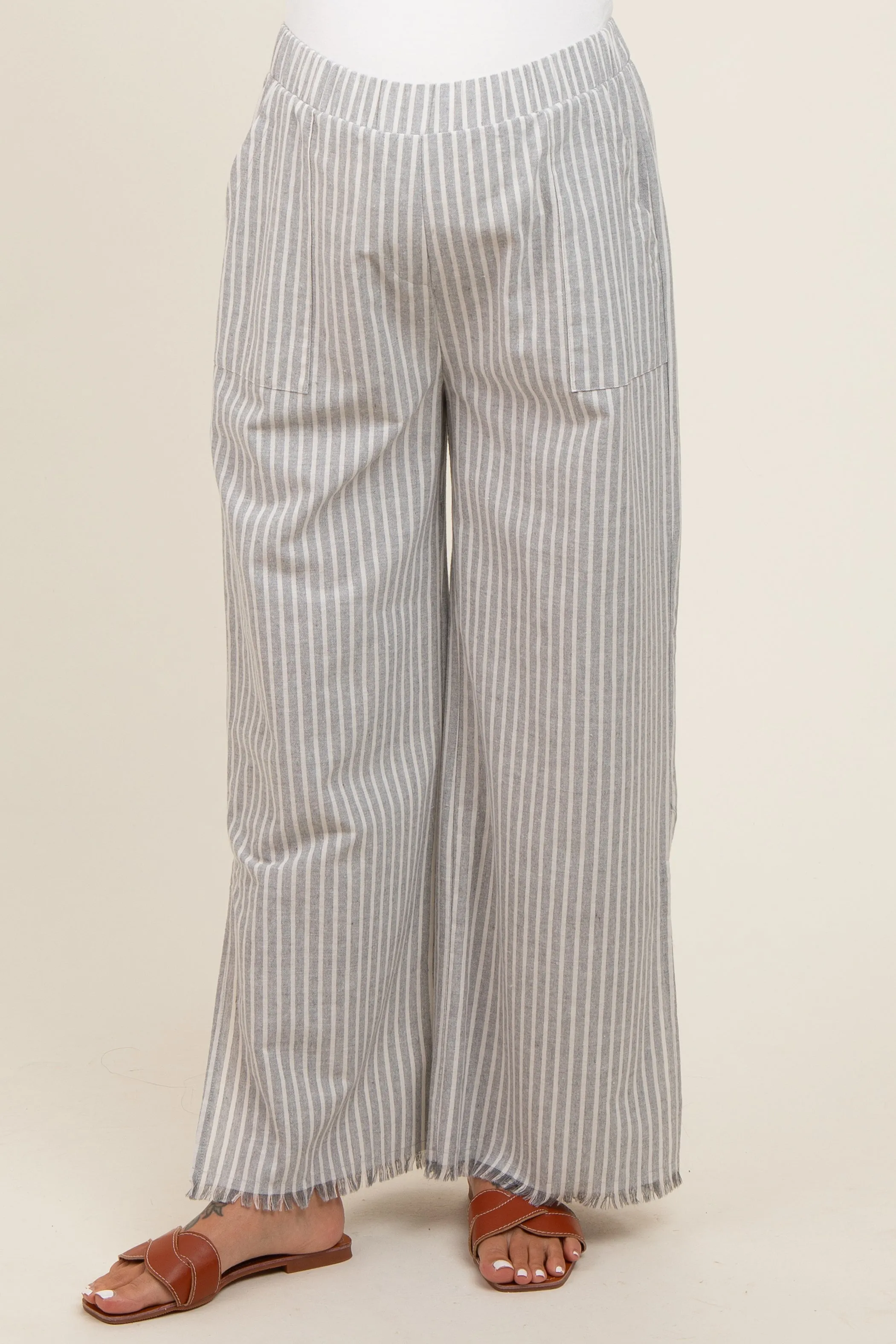 Heather Grey Striped Linen Slit Hem Maternity Pants sold by Pinkblush product image thumbnail 2