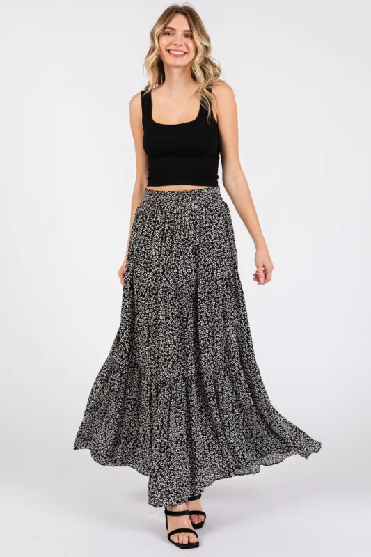 Black Floral Tiered Maxi Skirt sold by Pinkblush